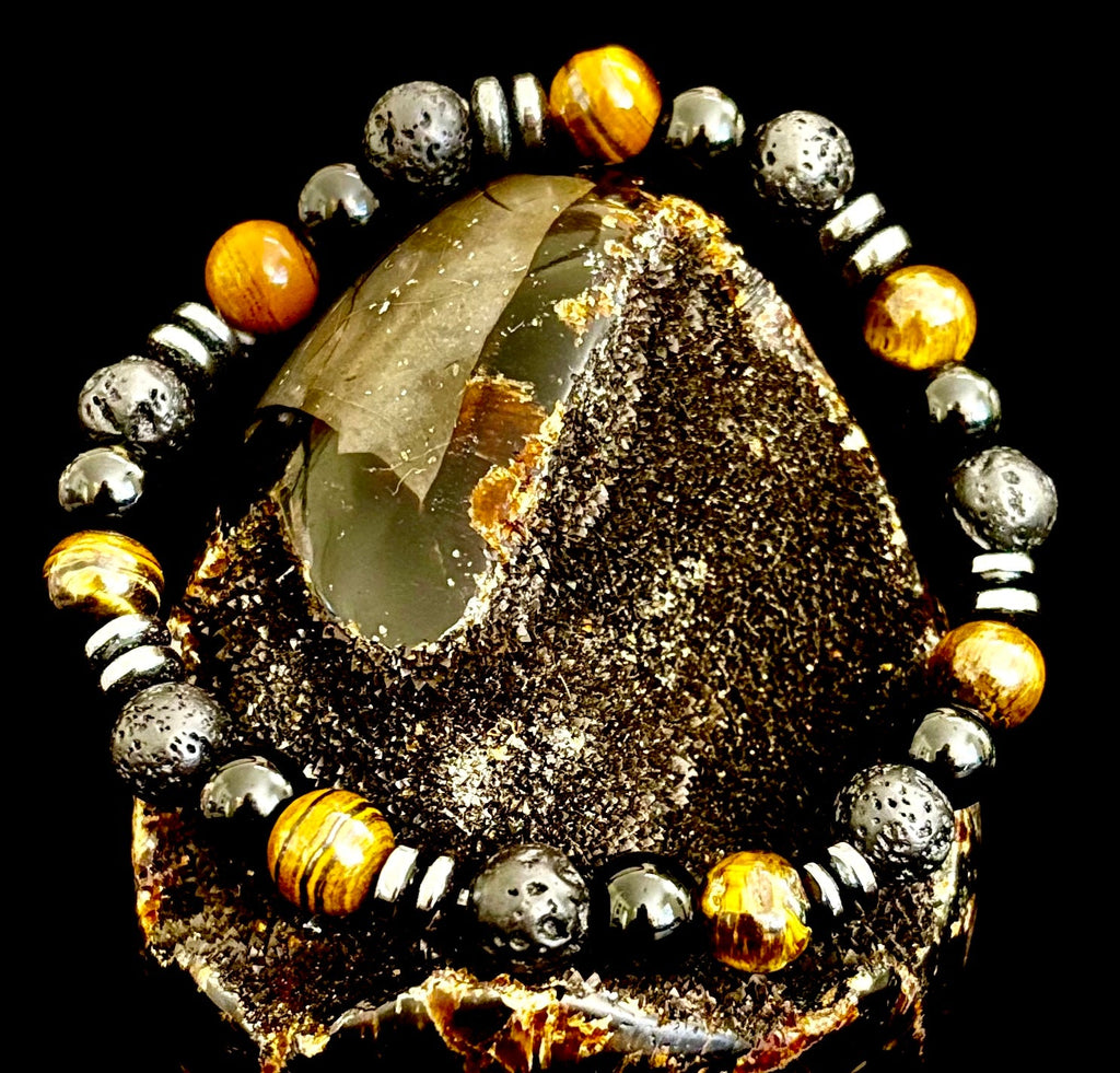 Men's Energy Bracelet – Tiger Eye, Black Onyx & Lava Rock with Black Metal Spacers (Fits Large Wrists)