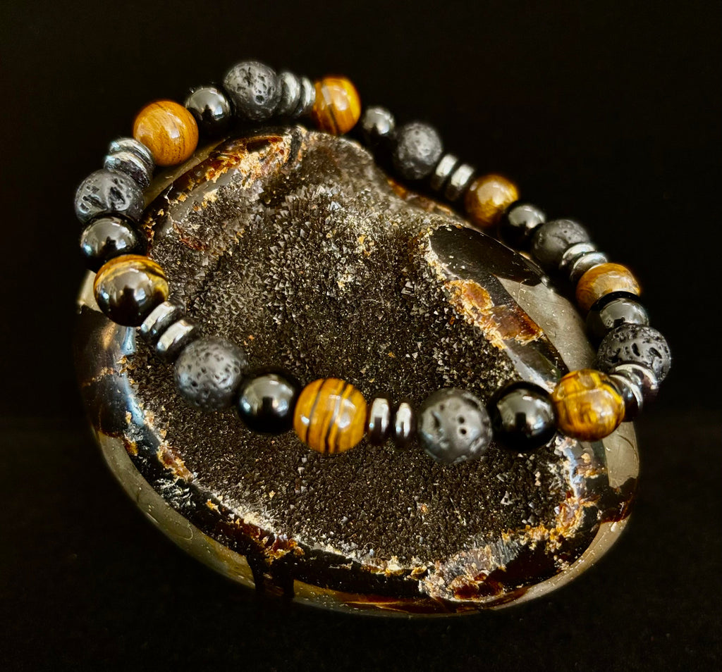Men's Energy Bracelet – Tiger Eye, Black Onyx & Lava Rock with Black Metal Spacers (Fits Large Wrists)