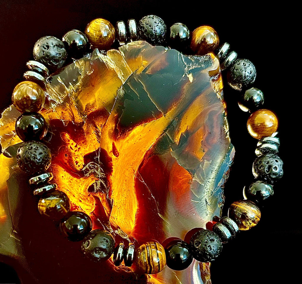 Men's Energy Bracelet – Tiger Eye, Black Onyx & Lava Rock with Black Metal Spacers (Fits Large Wrists)
