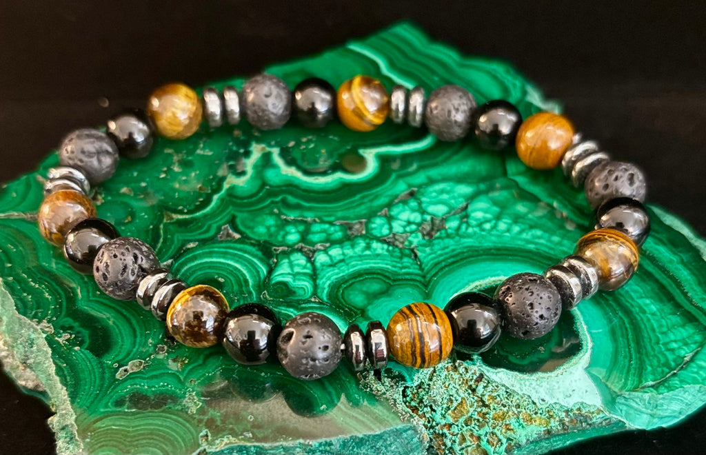 Men's Energy Bracelet – Tiger Eye, Black Onyx & Lava Rock with Black Metal Spacers (Fits Large Wrists)