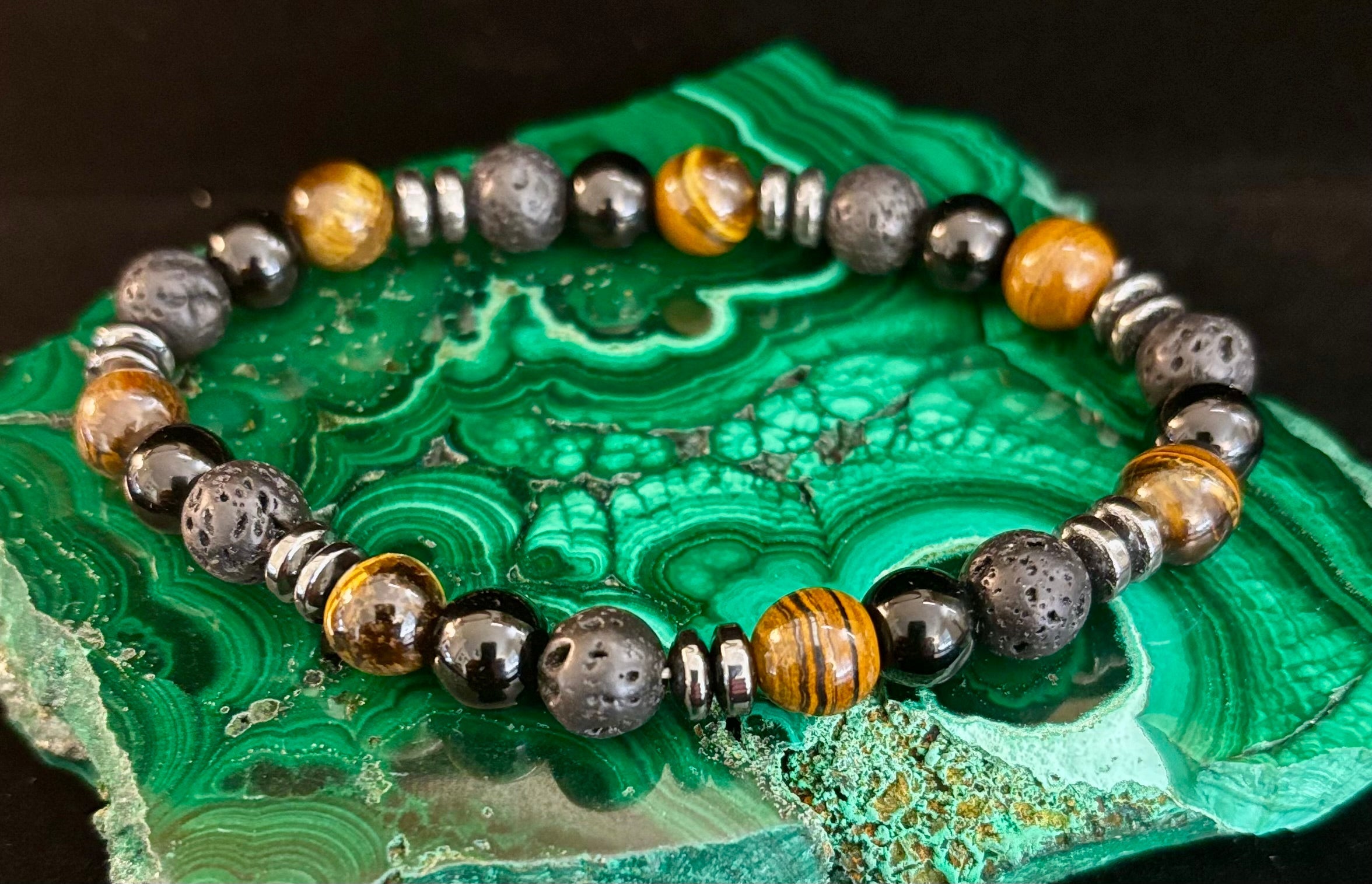 Men's Energy Bracelet – Tiger Eye, Black Onyx & Lava Rock with Black Metal Spacers (Fits Large Wrists)