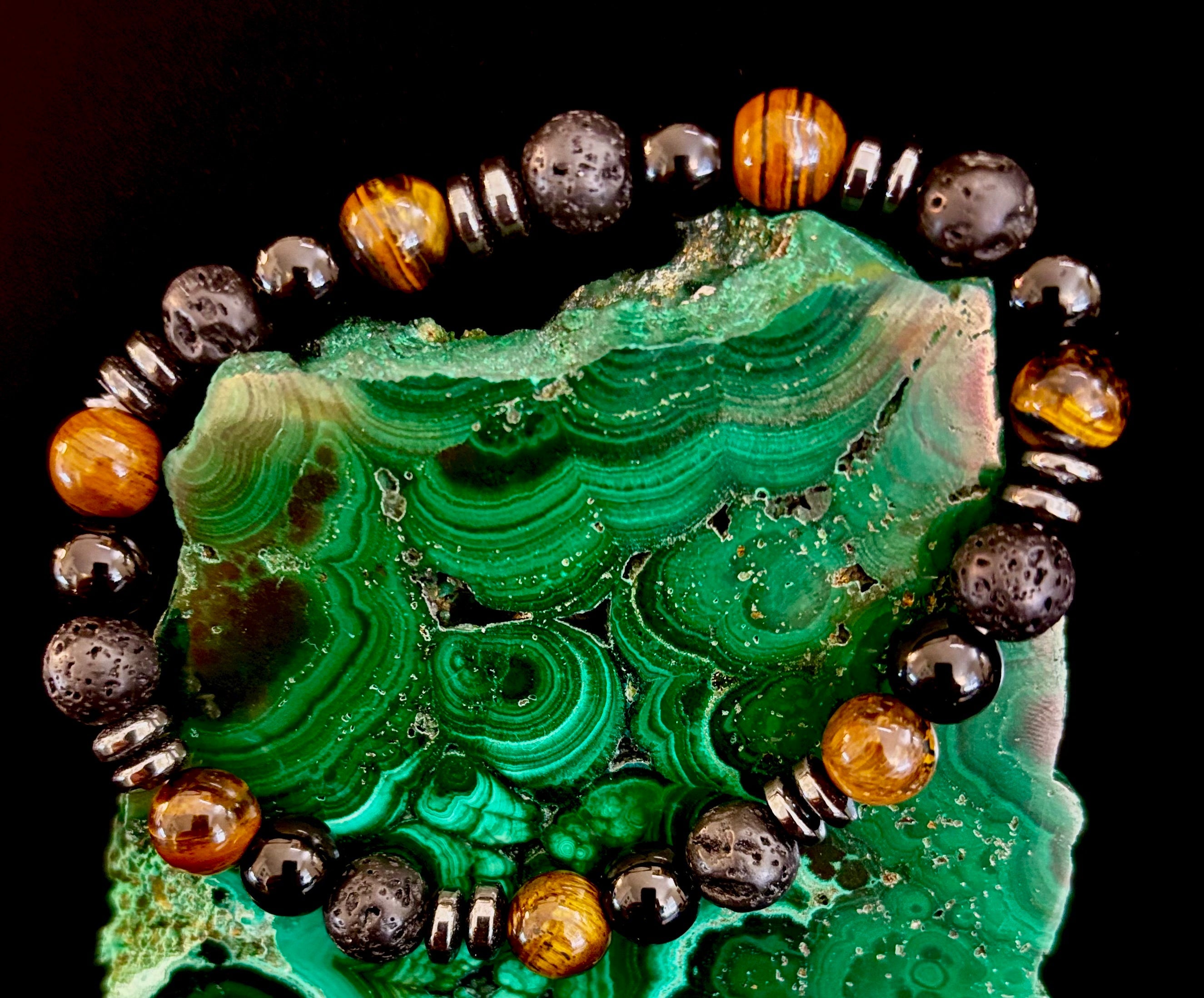 Men's Energy Bracelet – Tiger Eye, Black Onyx & Lava Rock with Black Metal Spacers (Fits Large Wrists)