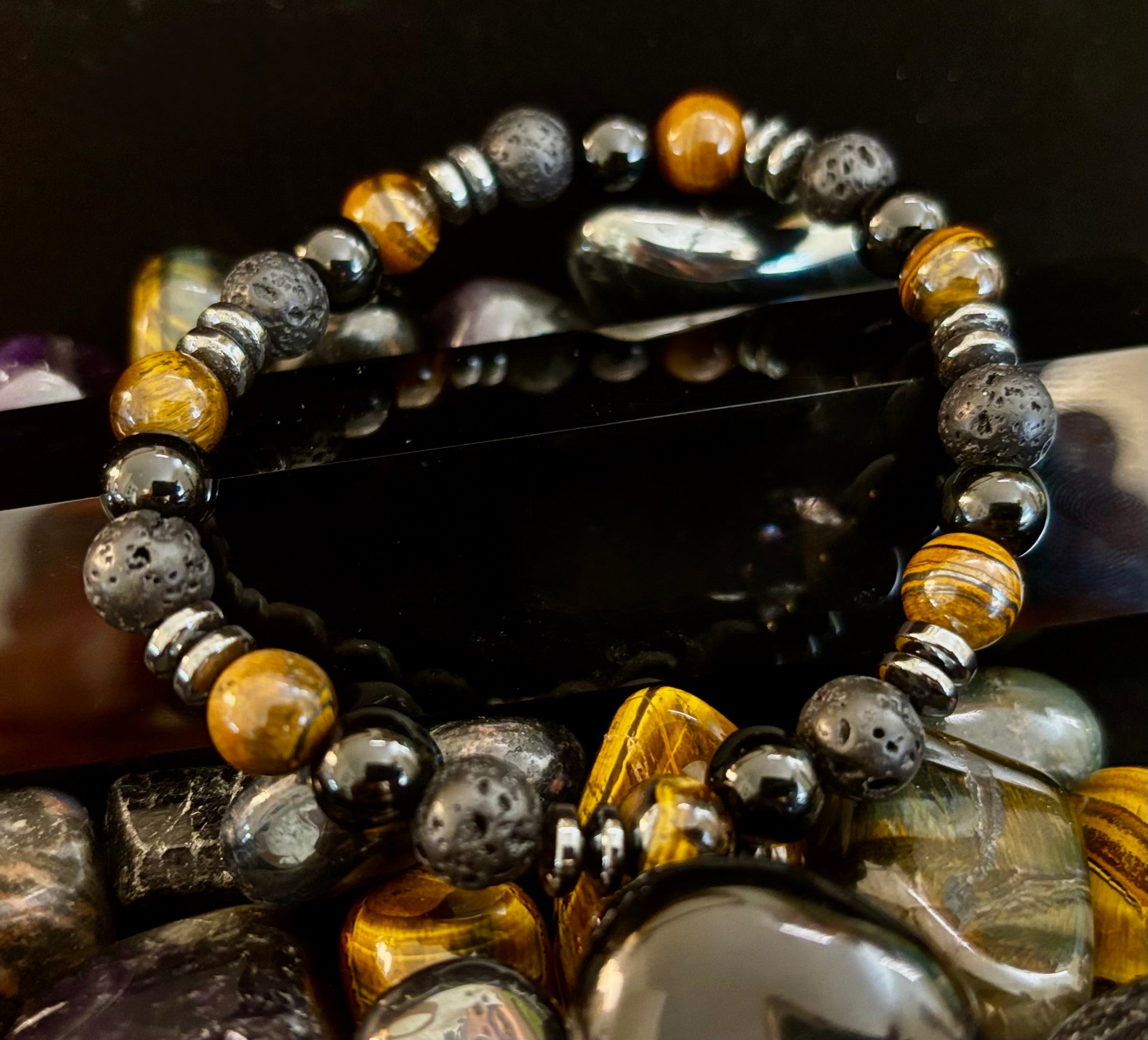 Men's Energy Bracelet – Tiger Eye, Black Onyx & Lava Rock with Black Metal Spacers (Fits Large Wrists)