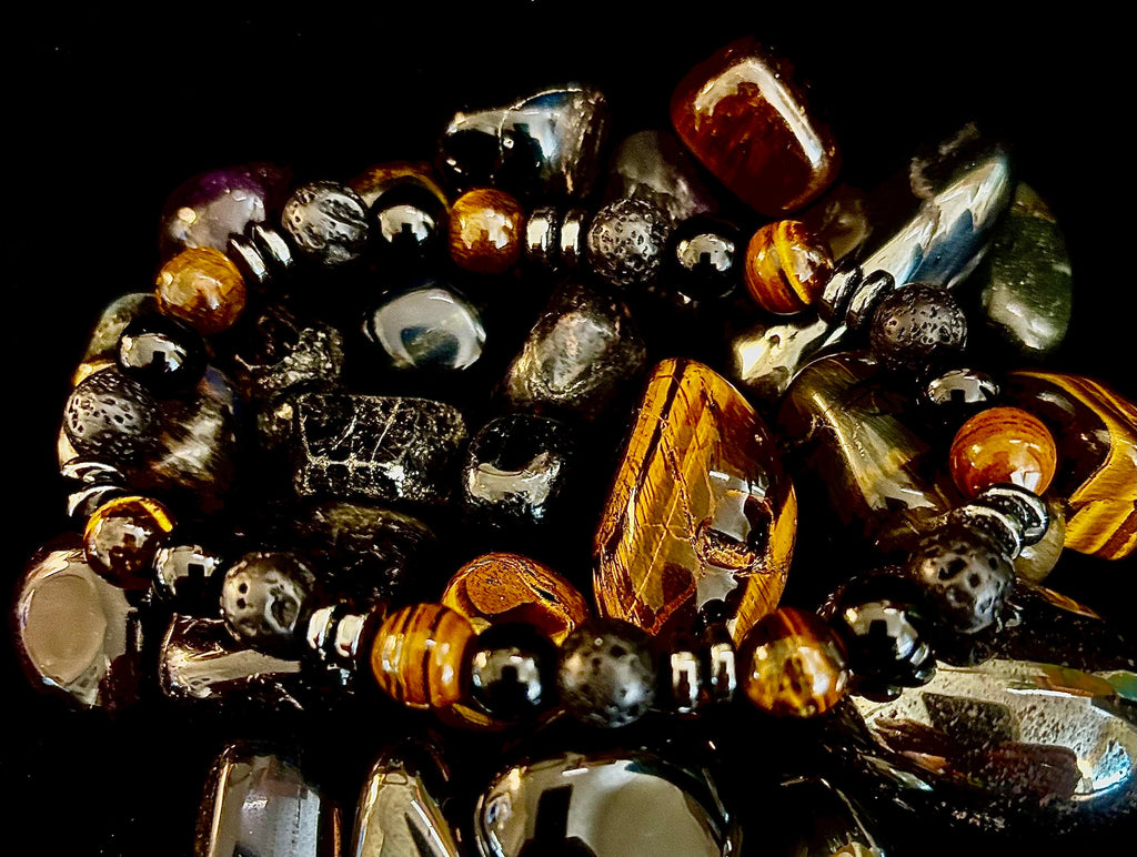 Men's Energy Bracelet – Tiger Eye, Black Onyx & Lava Rock with Black Metal Spacers (Fits Large Wrists)