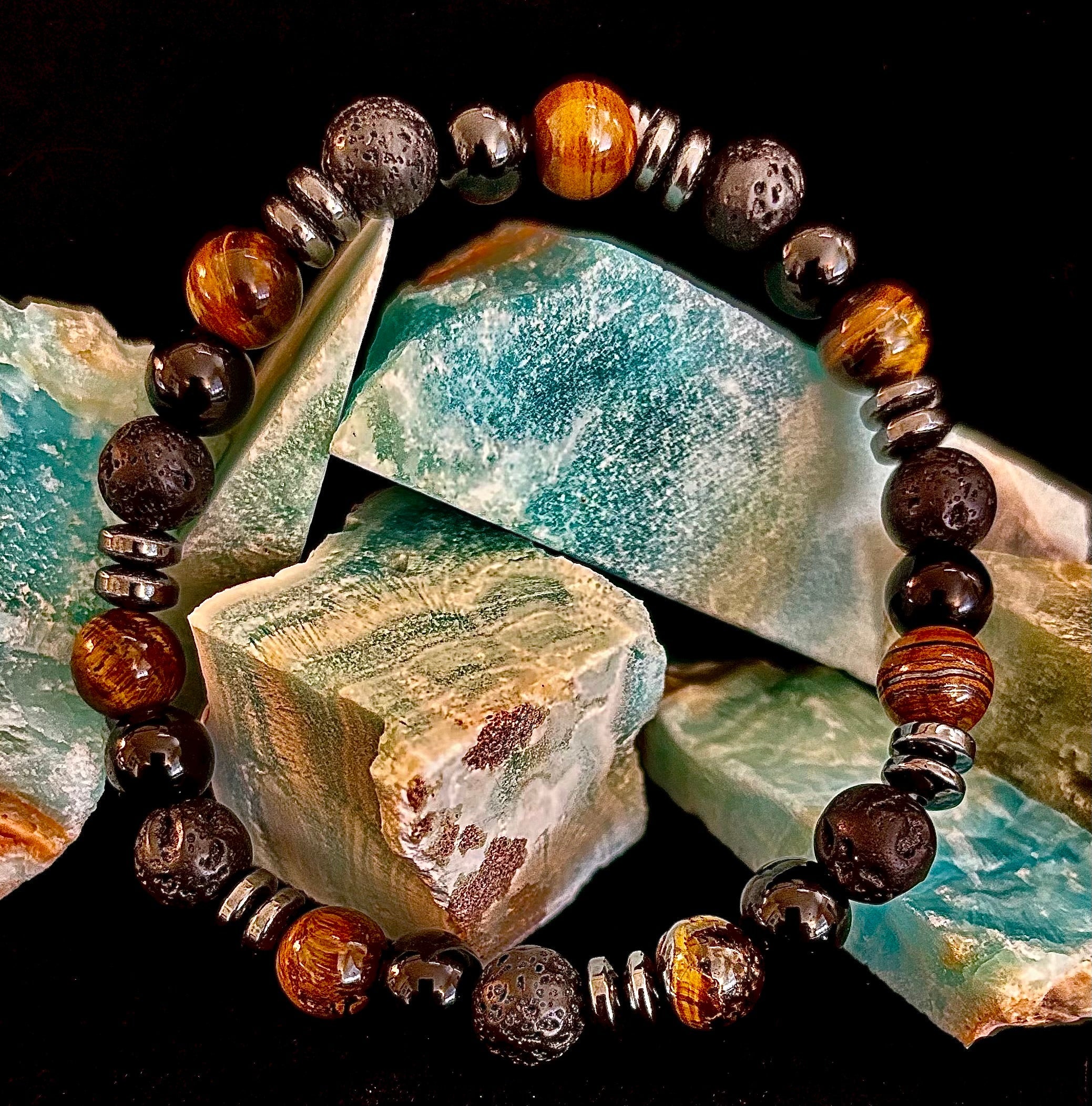 Men's Energy Bracelet – Tiger Eye, Black Onyx & Lava Rock with Black Metal Spacers (Fits Large Wrists)