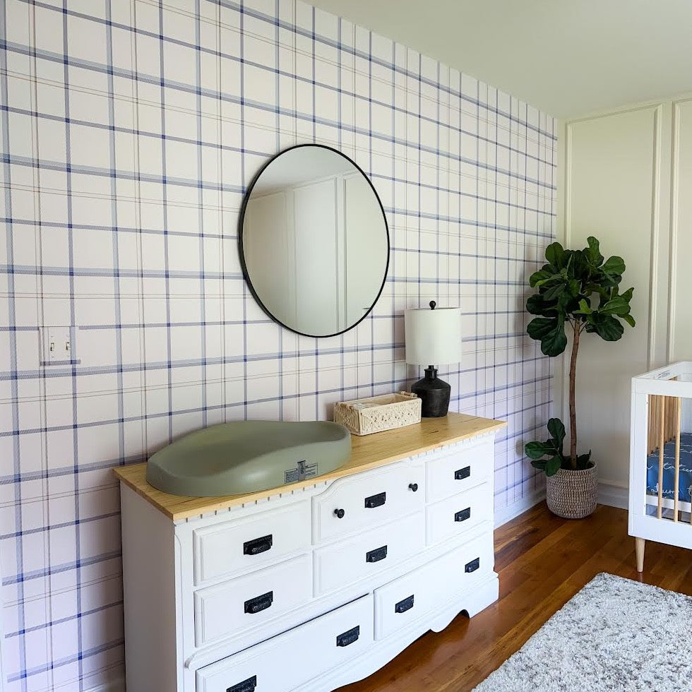 Keaton Plaid Wallpaper in White and Blue