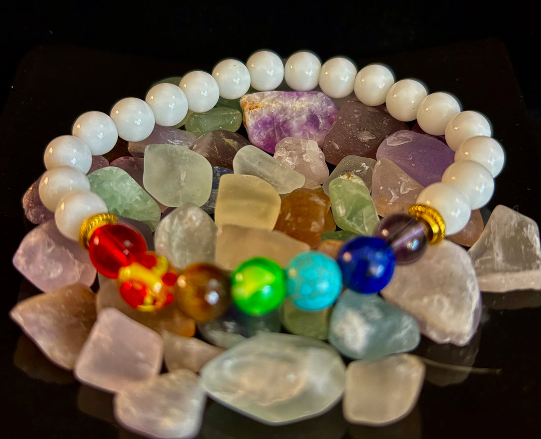 Chakra Energy Healing Bracelet – White Porcelain Beads – Medium Wrists