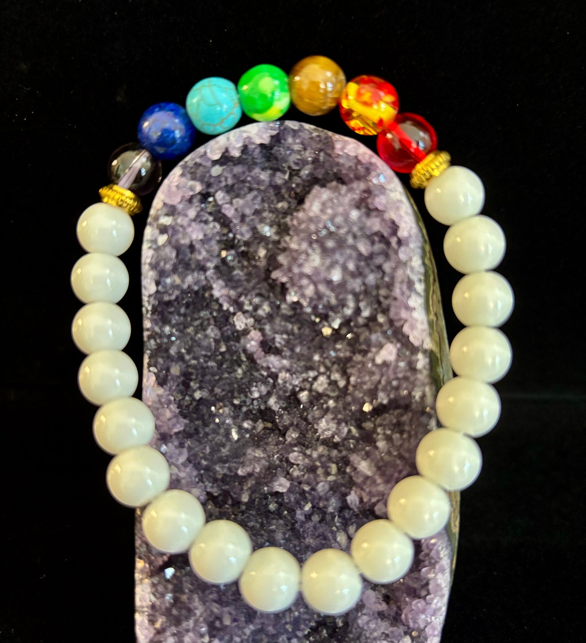 Chakra Energy Healing Bracelet – White Porcelain Beads – Medium Wrists