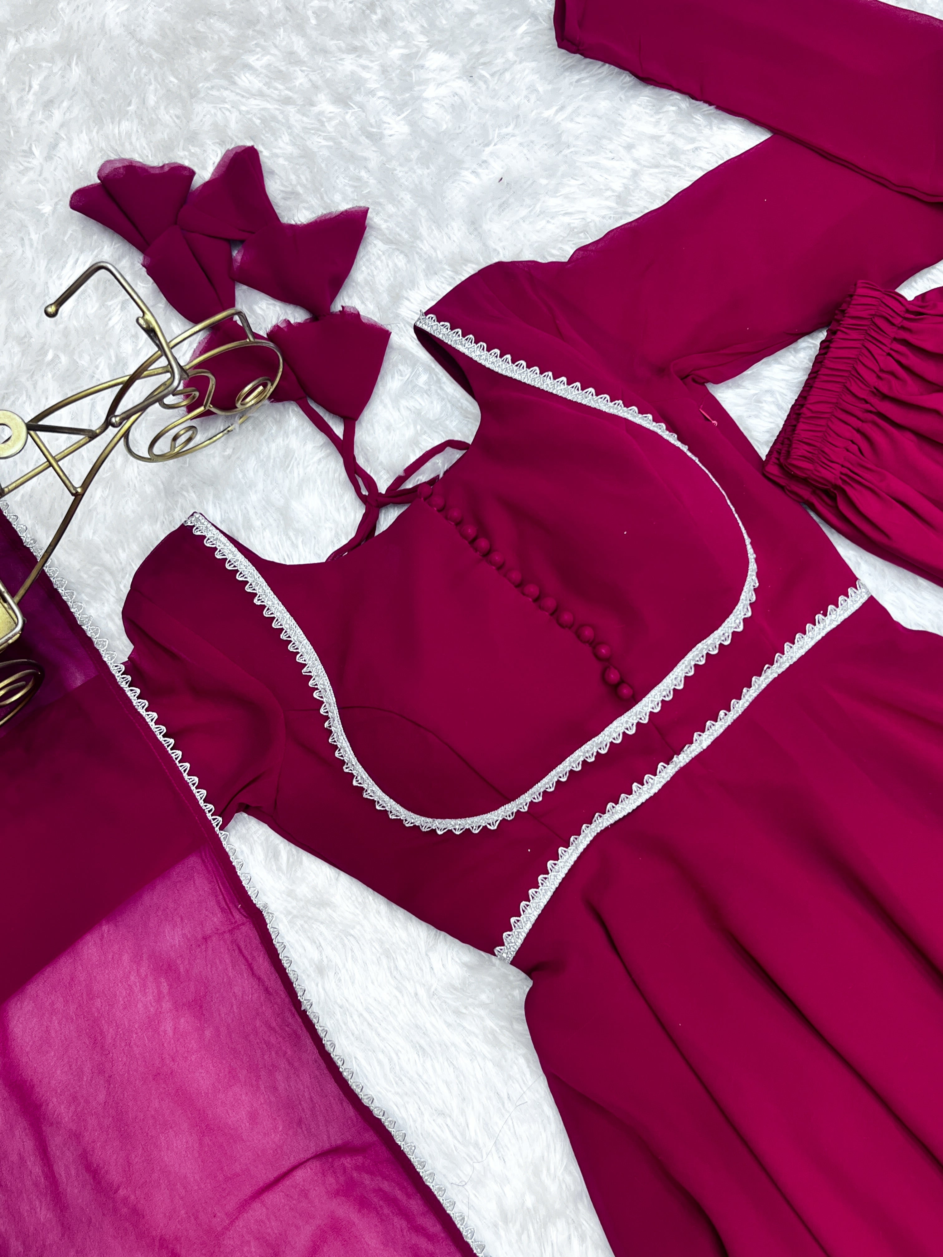 Pink Georgette Anarkali Gown Set with Matching Pant and Dupatta
