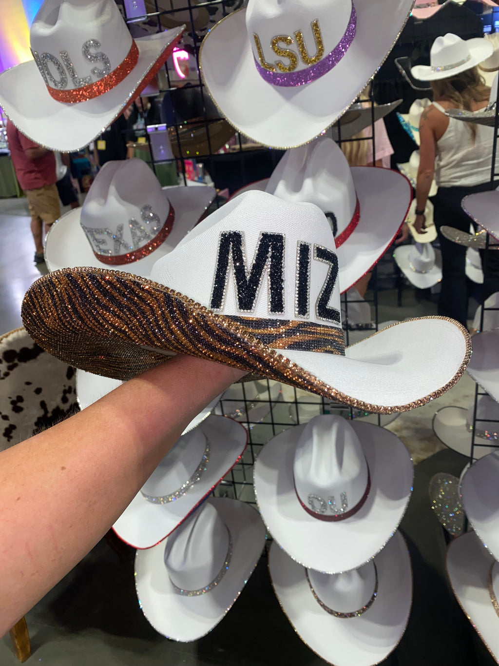 Mizzou Tigers hat with animal print in white, black, and gold