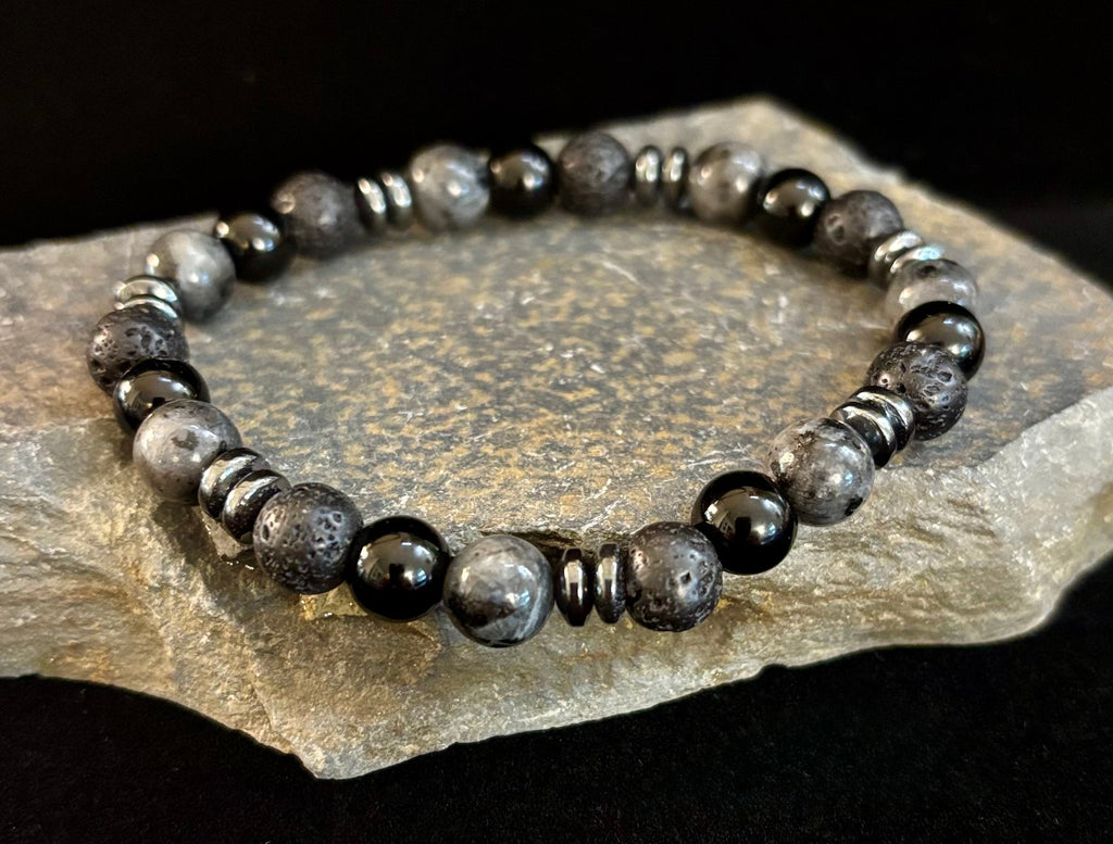 Men's Mystic Warrior Bracelet – Labradorite, Black Onyx & Lava Rock with Black Metal Spacers (Fits Large Wrists)