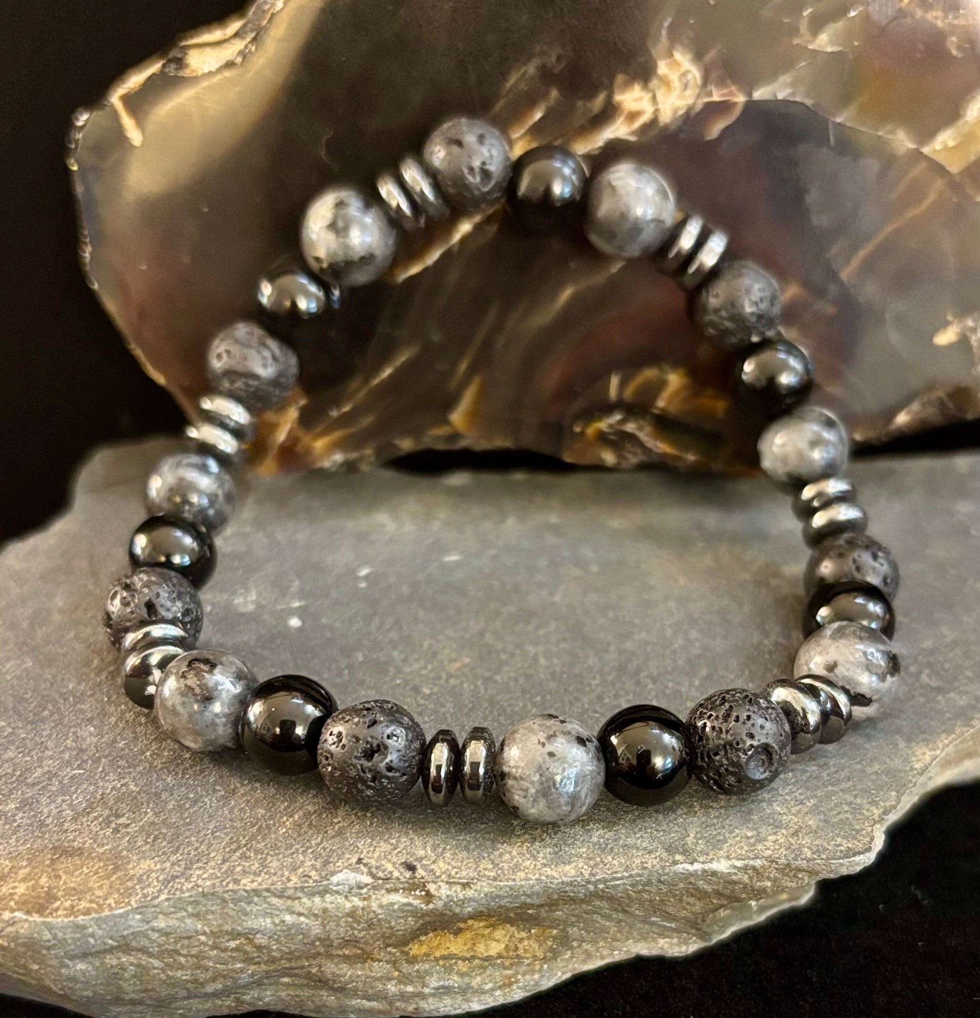 Men's Mystic Warrior Bracelet – Labradorite, Black Onyx & Lava Rock with Black Metal Spacers (Fits Large Wrists)