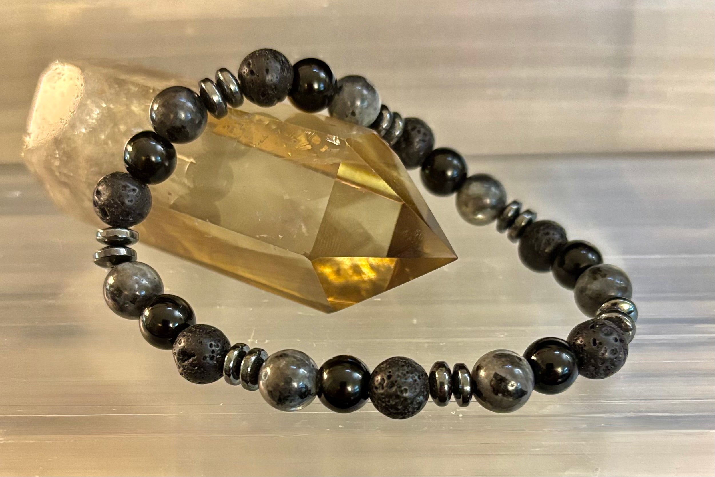 Men's Mystic Warrior Bracelet – Labradorite, Black Onyx & Lava Rock with Black Metal Spacers (Fits Large Wrists)