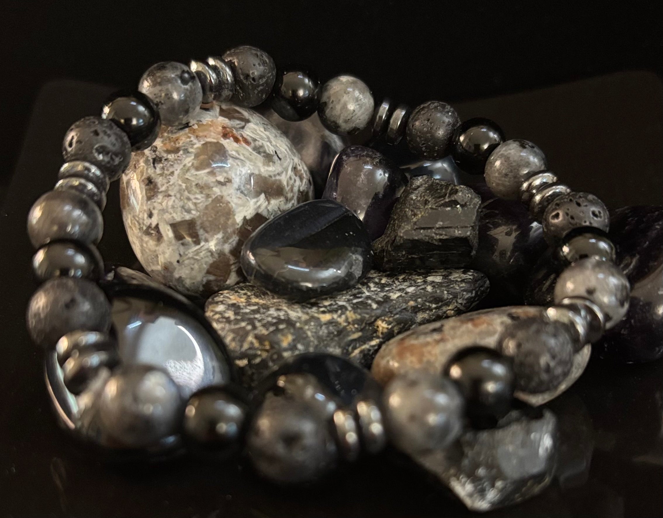 Men's Mystic Warrior Bracelet – Labradorite, Black Onyx & Lava Rock with Black Metal Spacers (Fits Large Wrists)