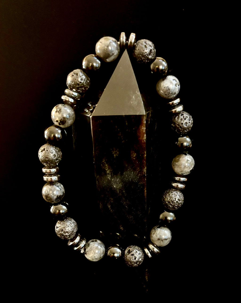 Men's Mystic Warrior Bracelet – Labradorite, Black Onyx & Lava Rock with Black Metal Spacers (Fits Large Wrists)
