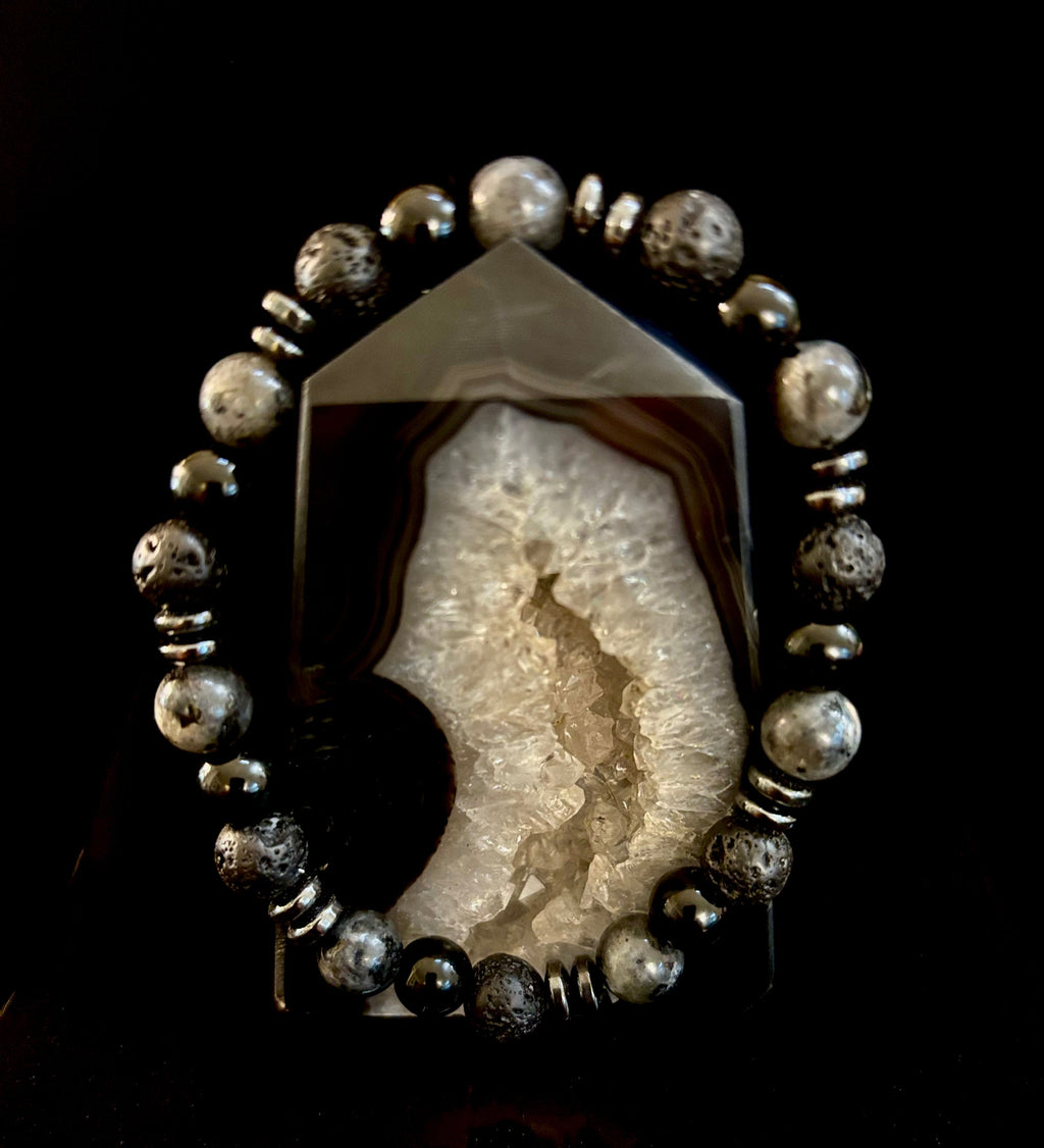 Men's Mystic Warrior Bracelet – Labradorite, Black Onyx & Lava Rock with Black Metal Spacers (Fits Large Wrists)