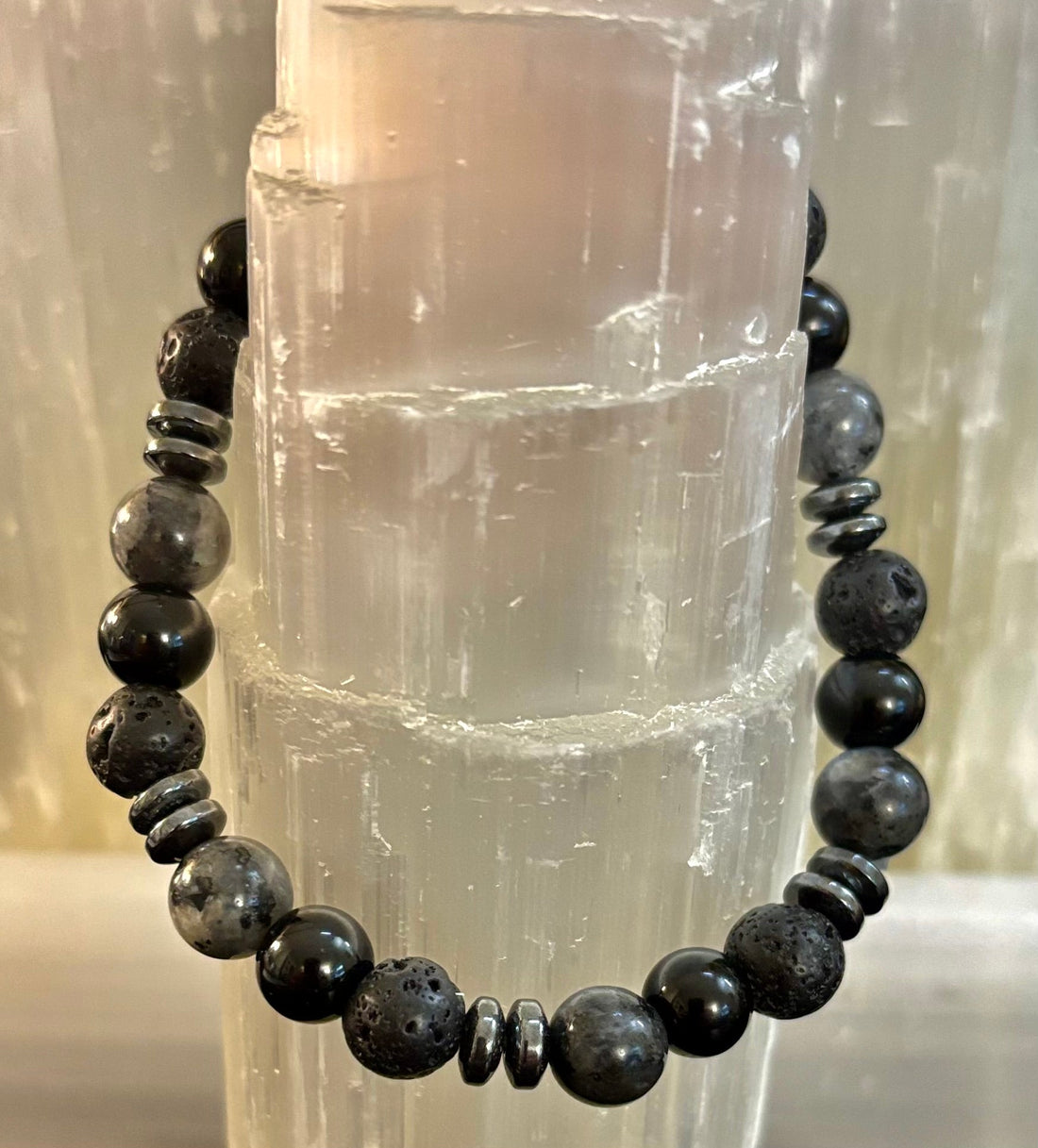 Men's Mystic Warrior Bracelet – Labradorite, Black Onyx & Lava Rock with Black Metal Spacers (Fits Large Wrists)