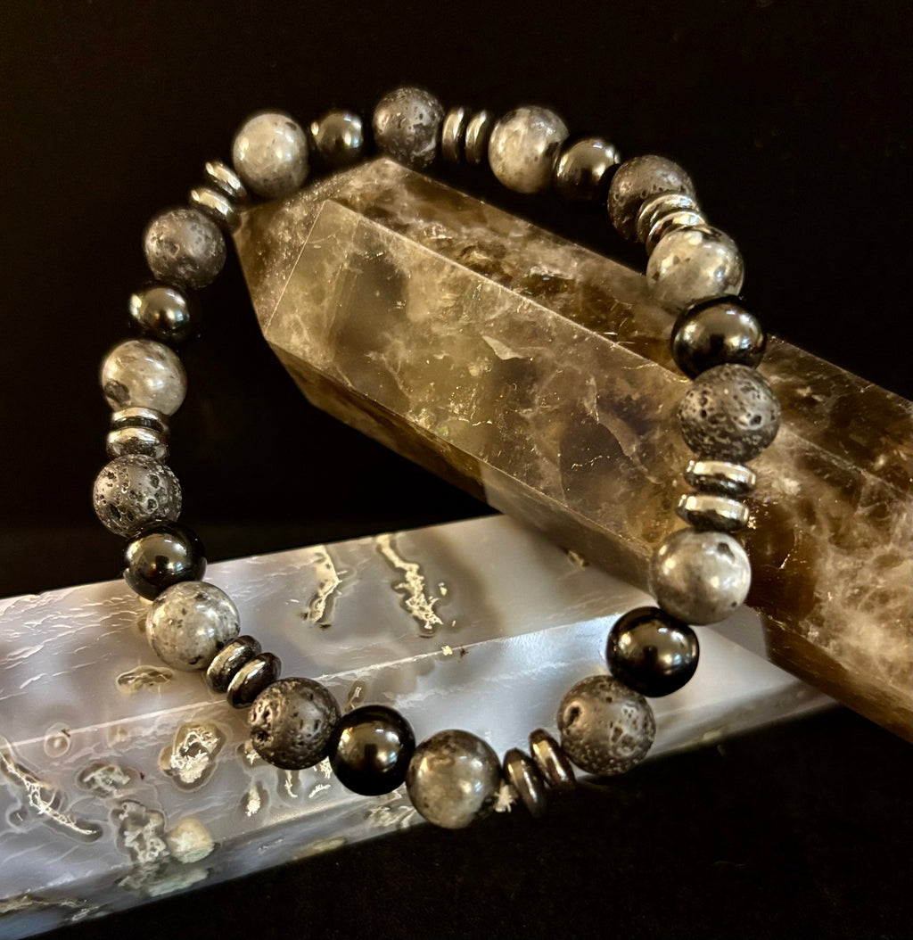 Men's Mystic Warrior Bracelet – Labradorite, Black Onyx & Lava Rock with Black Metal Spacers (Fits Large Wrists)