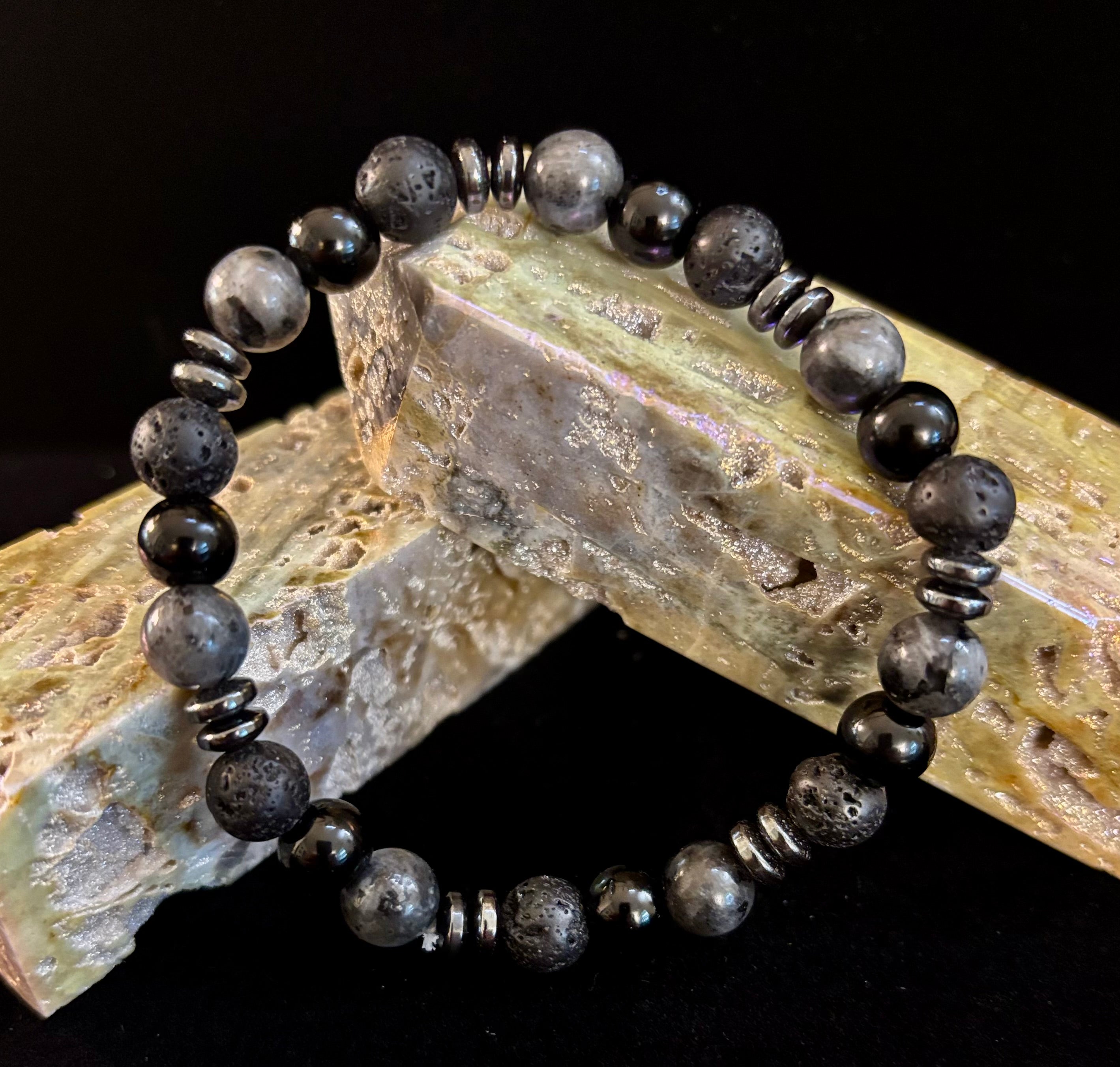 Men's Mystic Warrior Bracelet – Labradorite, Black Onyx & Lava Rock with Black Metal Spacers (Fits Large Wrists)