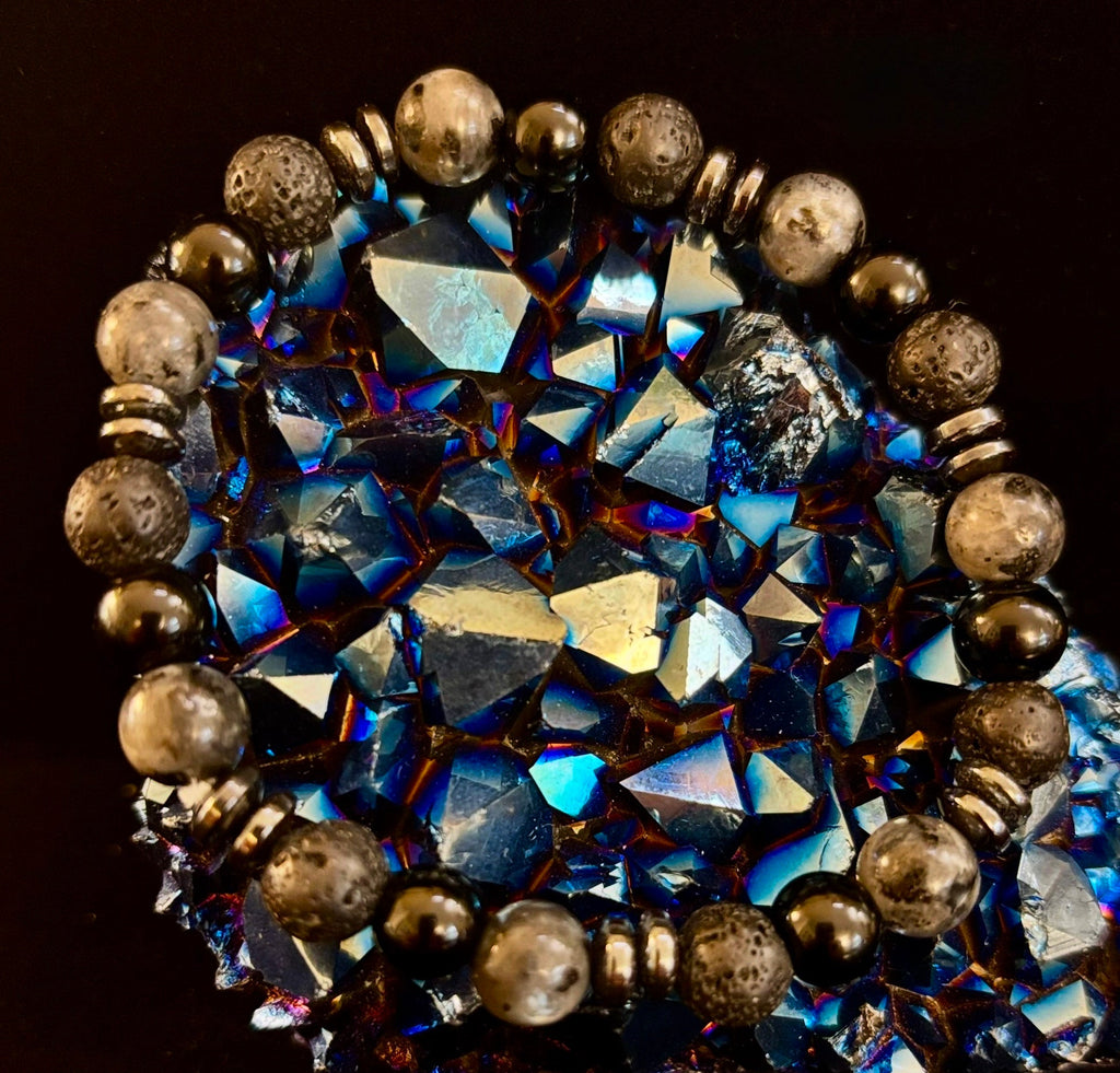 Men's Mystic Warrior Bracelet – Labradorite, Black Onyx & Lava Rock with Black Metal Spacers (Fits Large Wrists)