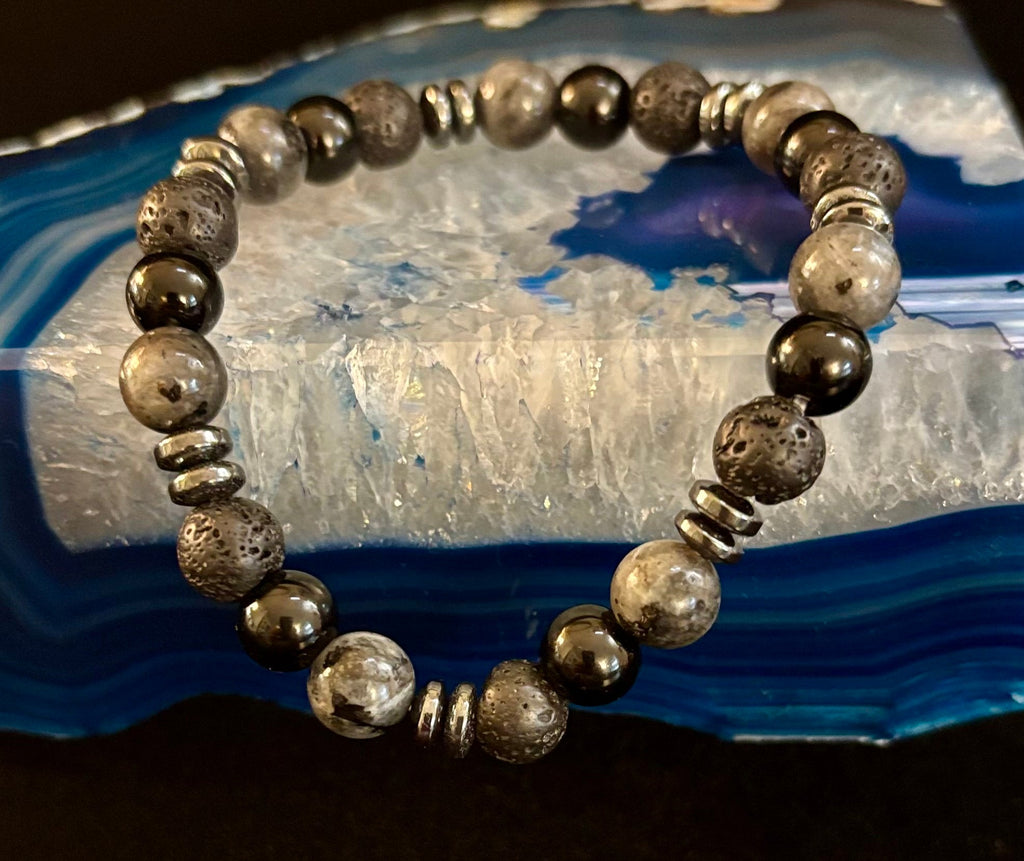 Men's Mystic Warrior Bracelet – Labradorite, Black Onyx & Lava Rock with Black Metal Spacers (Fits Large Wrists)