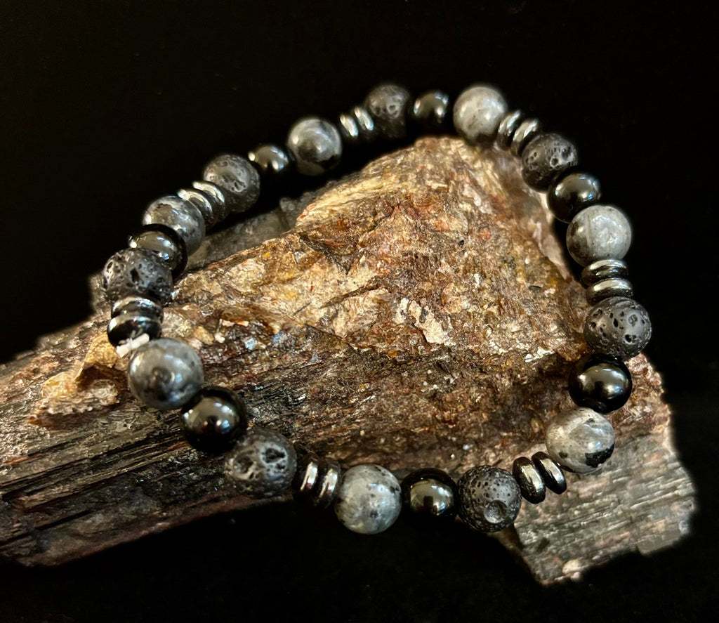 Men's Mystic Warrior Bracelet – Labradorite, Black Onyx & Lava Rock with Black Metal Spacers (Fits Large Wrists)
