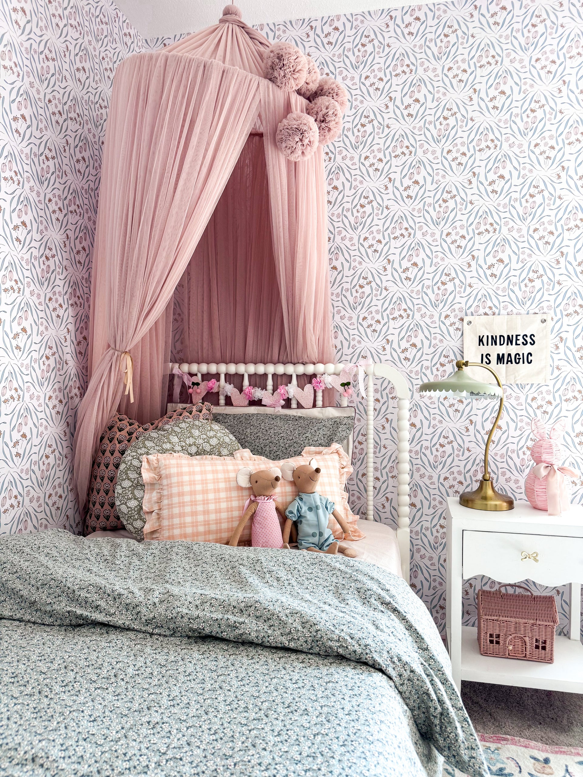 Primrose Floral Wallpaper in White, Blue, Blush, and Gold