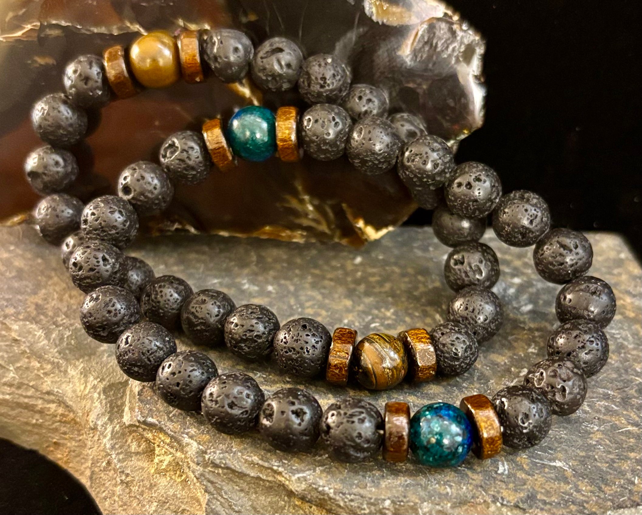 Men’s Lava Rock & Black Stone Bracelet – Natural Blue, Gray or Brown Accent Stones | Medium–Large Wrist