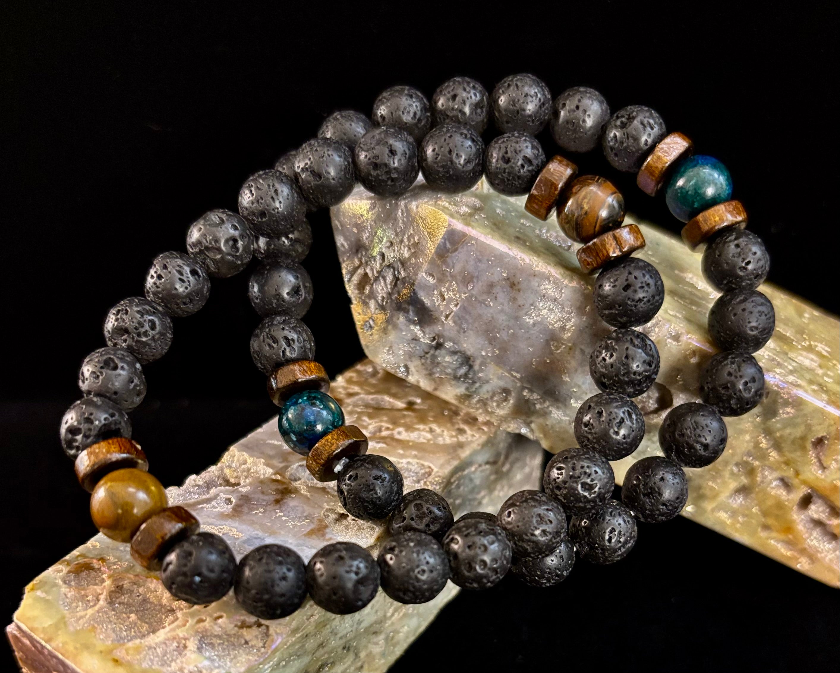Men’s Lava Rock & Black Stone Bracelet – Natural Blue, Gray or Brown Accent Stones | Medium–Large Wrist