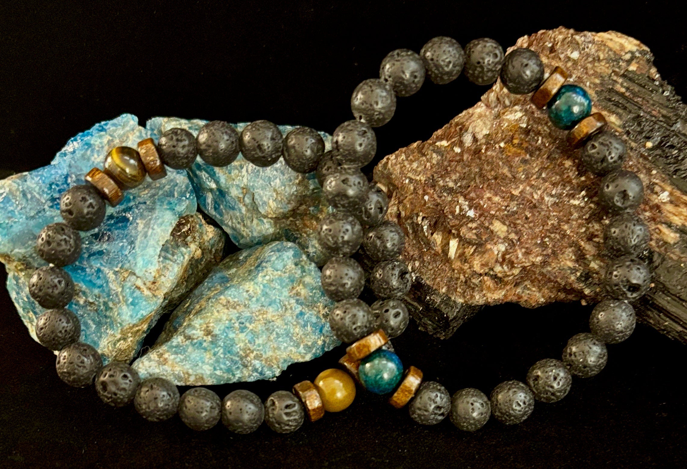 Men’s Lava Rock & Black Stone Bracelet – Natural Blue, Gray or Brown Accent Stones | Medium–Large Wrist