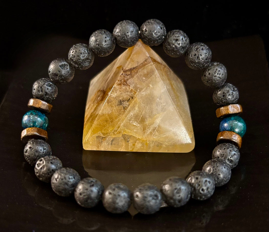 Men’s Lava Rock & Black Stone Bracelet – Natural Blue, Gray or Brown Accent Stones | Medium–Large Wrist