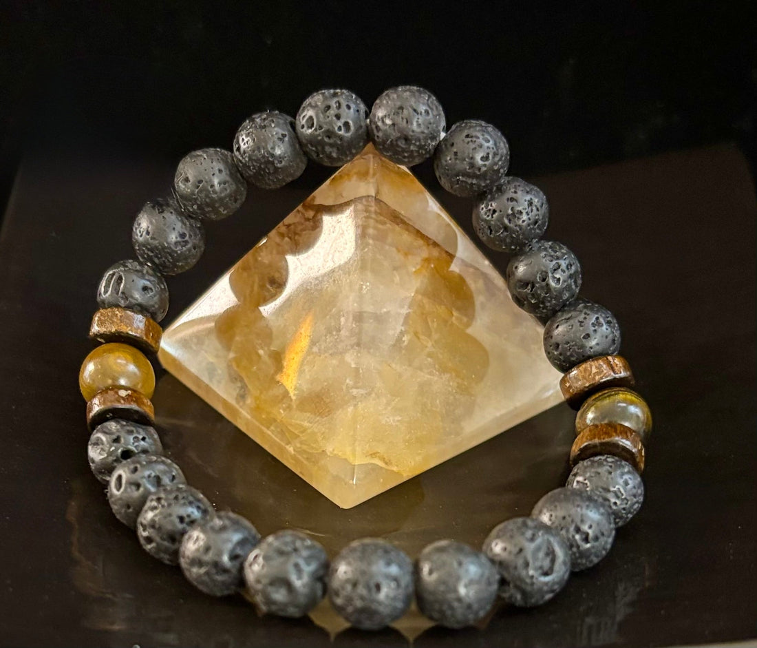 Men’s Lava Rock & Black Stone Bracelet – Natural Blue, Gray or Brown Accent Stones | Medium–Large Wrist