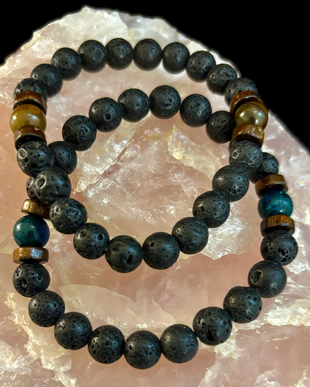 Men’s Lava Rock & Black Stone Bracelet – Natural Blue, Gray or Brown Accent Stones | Medium–Large Wrist