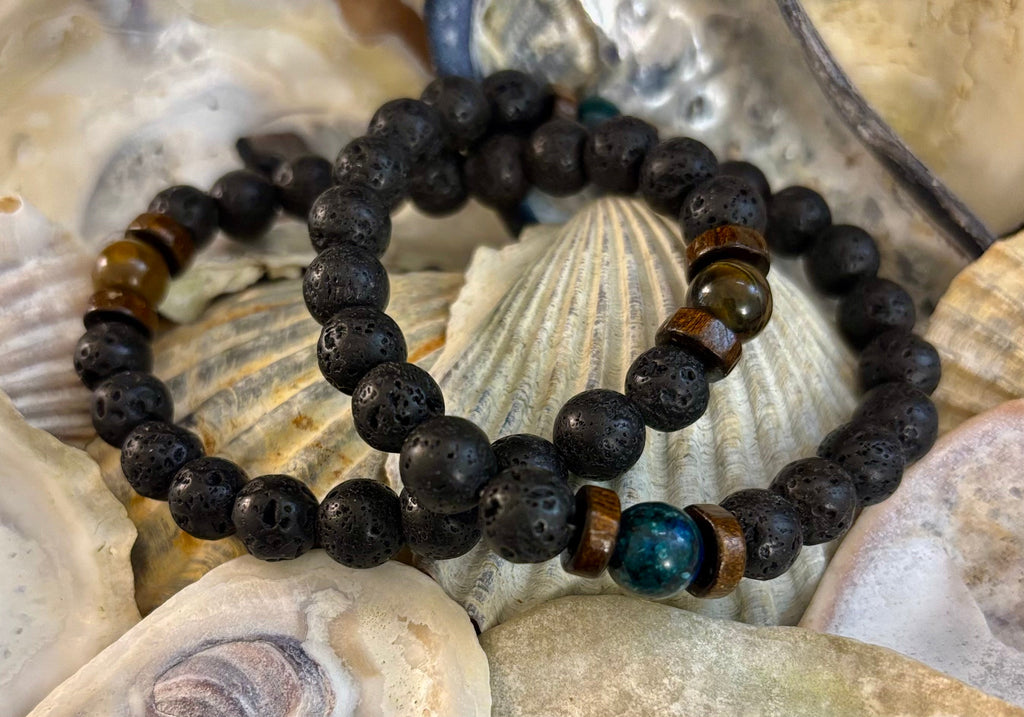 Men’s Lava Rock & Black Stone Bracelet – Natural Blue, Gray or Brown Accent Stones | Medium–Large Wrist