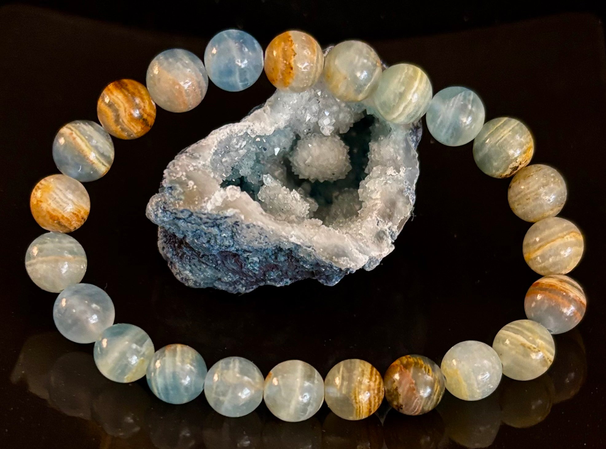 Aquatine Lemurian Calcite Bracelet (8mm) – Emotional Healing, Intuition & Inner Peace | Reiki-Infused Crystal Bracelet for Medium Wrists