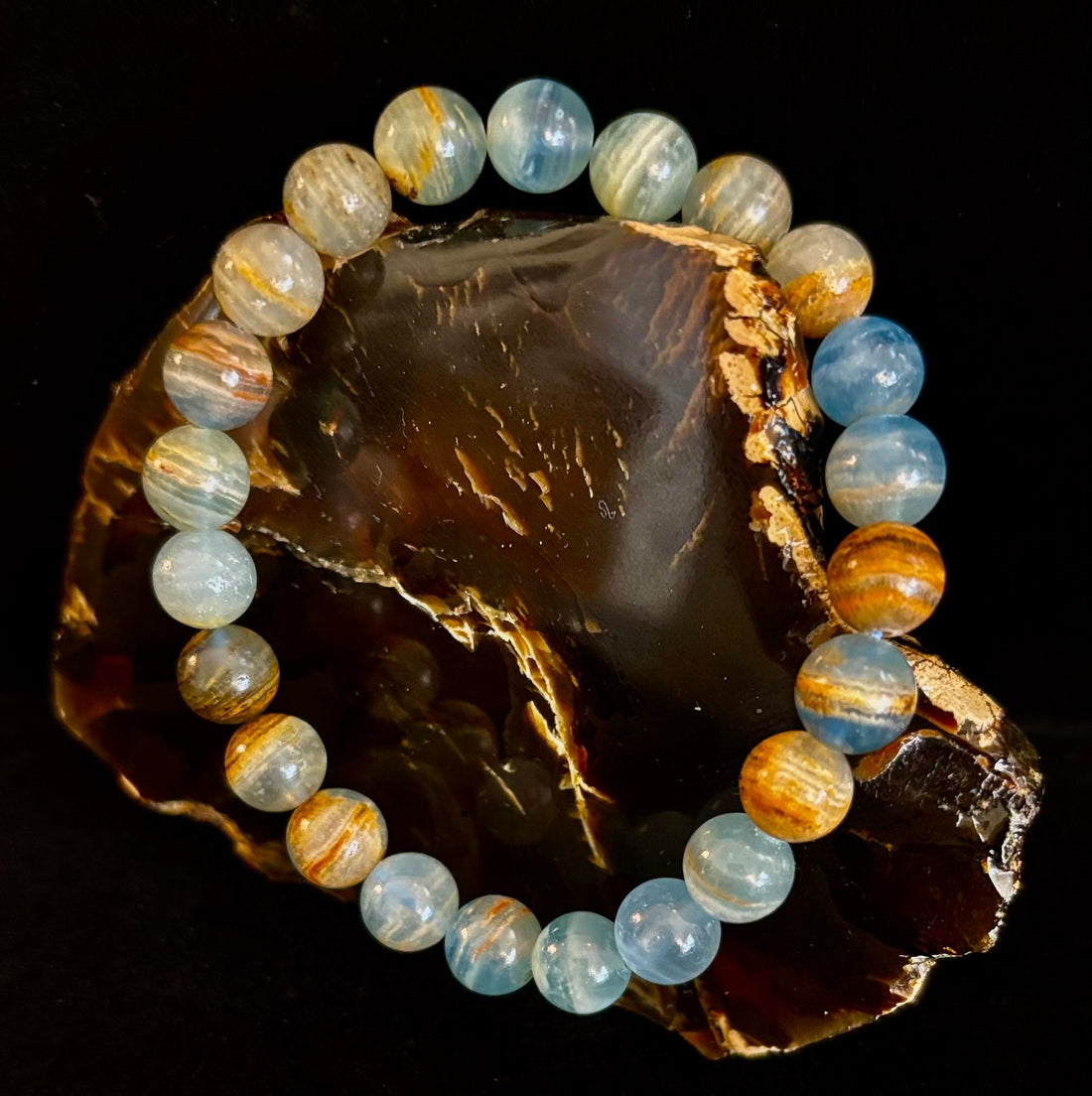 Aquatine Lemurian Calcite Bracelet (8mm) – Emotional Healing, Intuition & Inner Peace | Reiki-Infused Crystal Bracelet for Medium Wrists