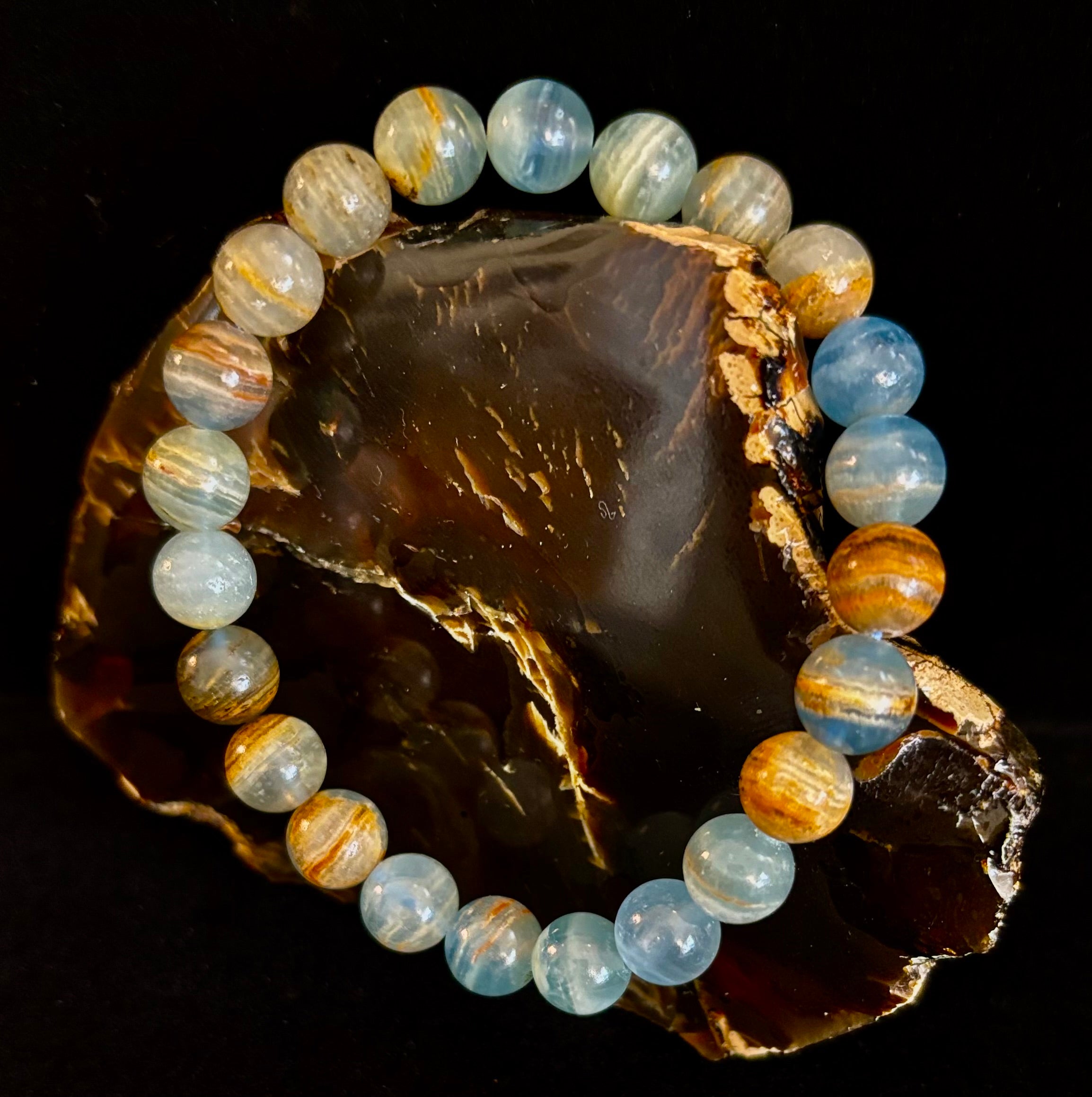 Aquatine Lemurian Calcite Bracelet (8mm) – Emotional Healing, Intuition & Inner Peace | Reiki-Infused Crystal Bracelet for Medium Wrists