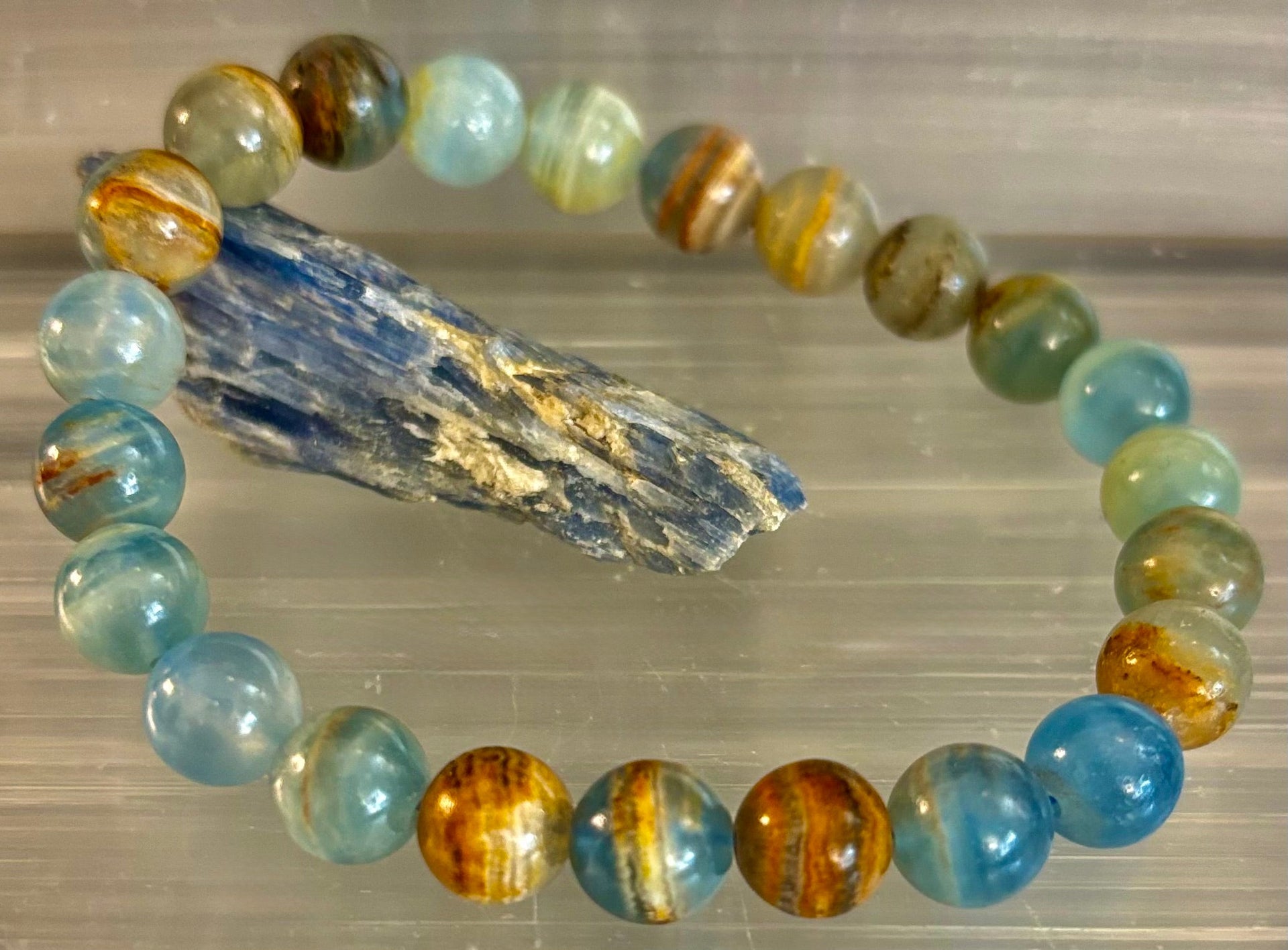 Aquatine Lemurian Calcite Bracelet (8mm) – Emotional Healing, Intuition & Inner Peace | Reiki-Infused Crystal Bracelet for Medium Wrists