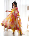 Yellow floral print organza silk Anarkali set with 4m flair and Kali-cut design