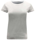 A white short sleeve cotton t-shirt with a metallic foil finish against a plain background.
