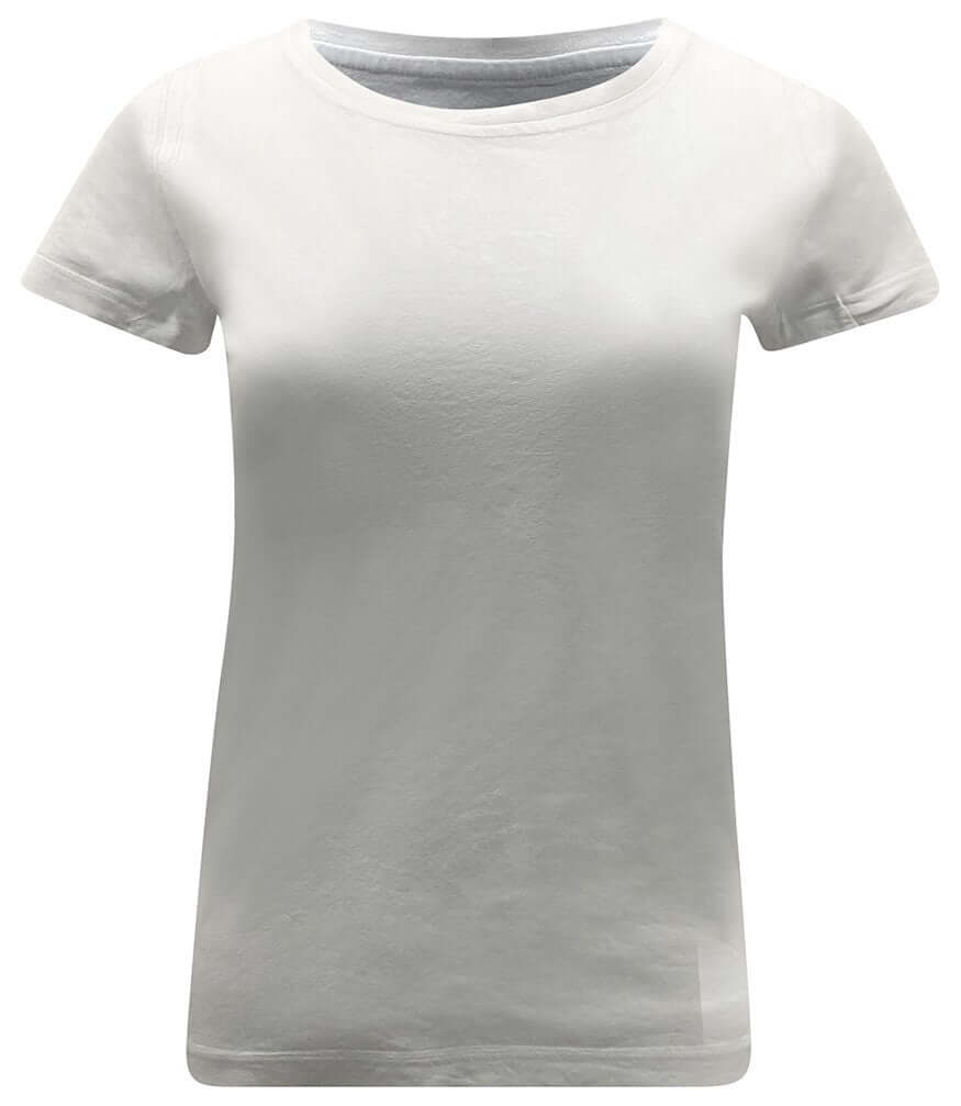 A white short sleeve cotton t-shirt with a metallic foil finish against a plain background.