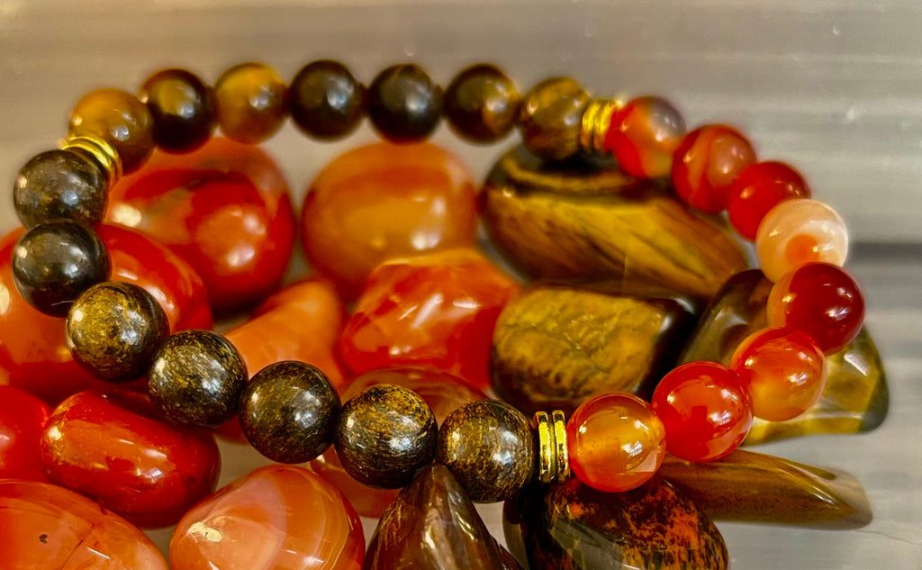 Depression Support Intention Bracelet – Yellow Tiger Eye, Banded Carnelian & Bronzite | 8mm Gemstones