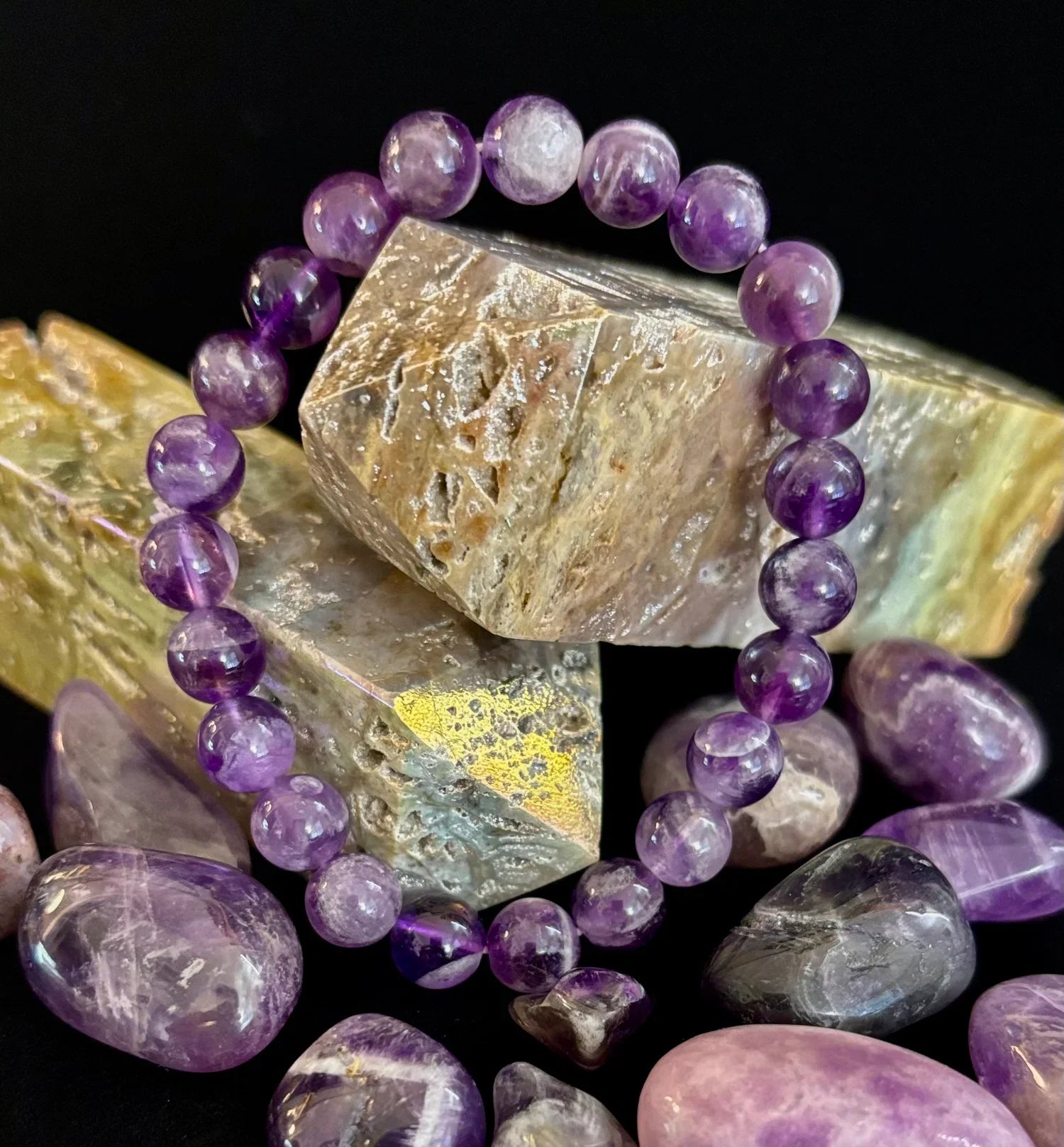 Reiki-Infused Genuine Chevron Amethyst Bracelet for Intuition, Spiritual Protection & Inner Peace (8mm & 10mm)
