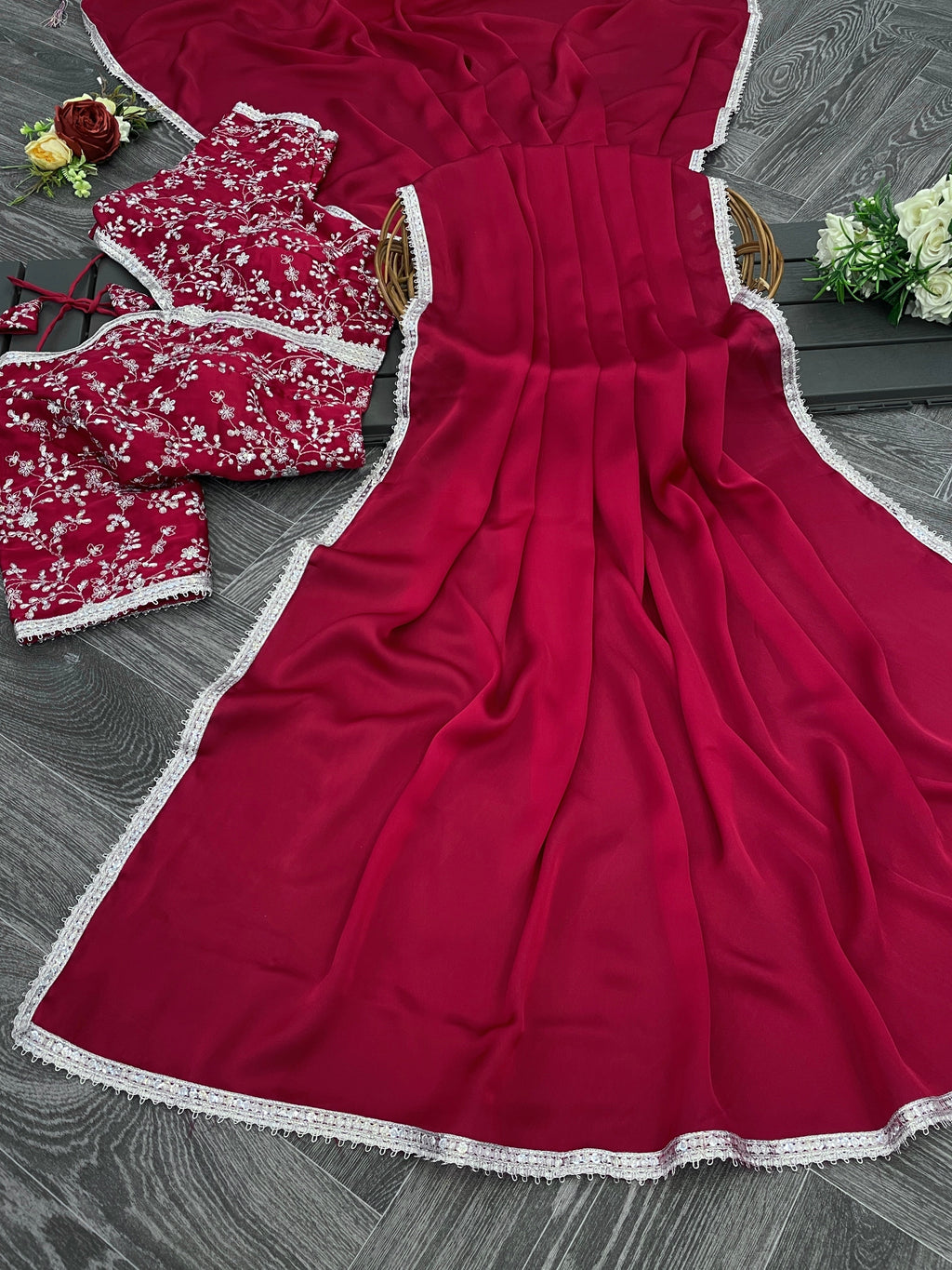 Magenta Georgette Satin Saree with Stitched Embroidery Blouse