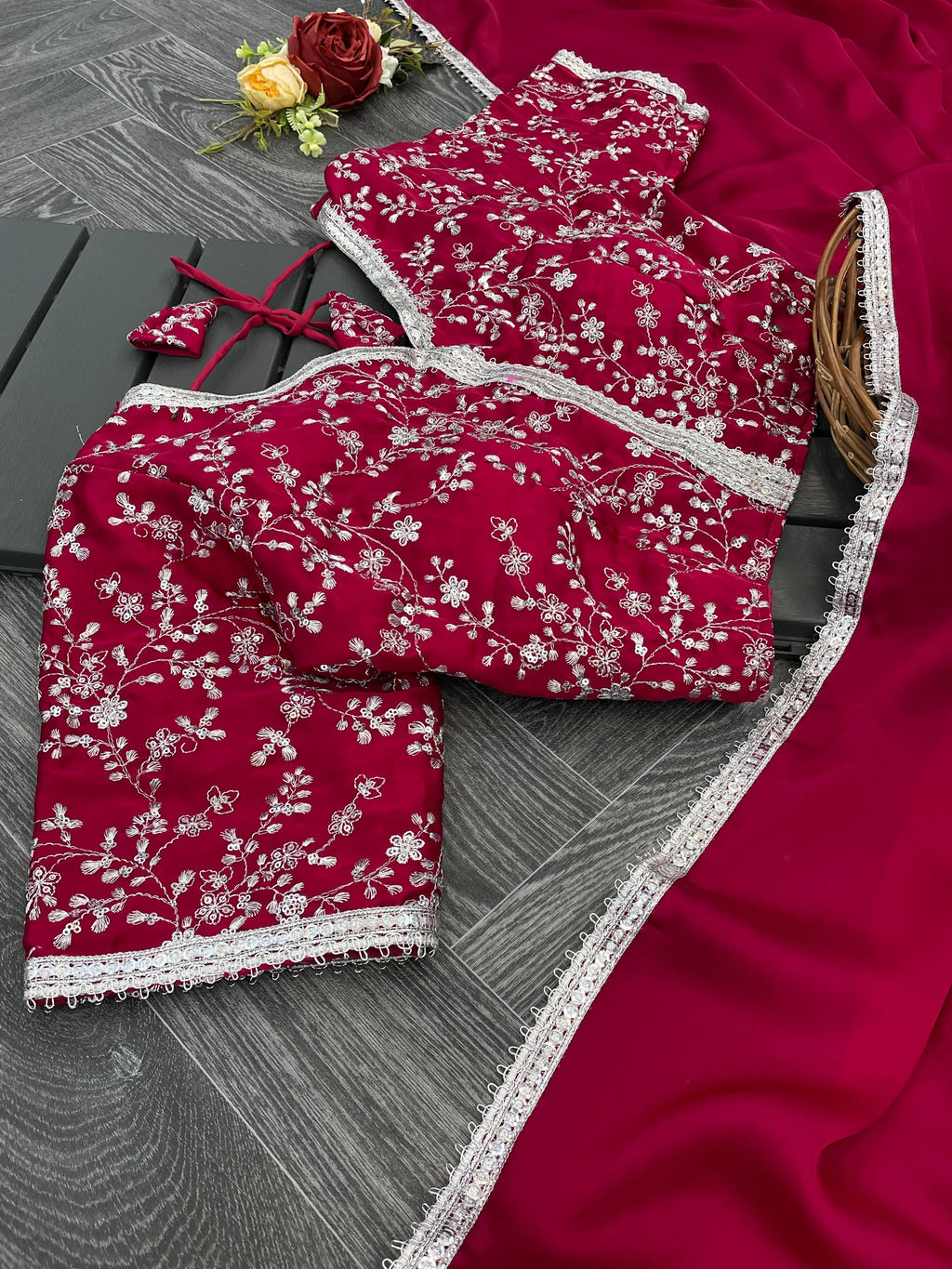 Magenta Georgette Satin Saree with Stitched Embroidery Blouse