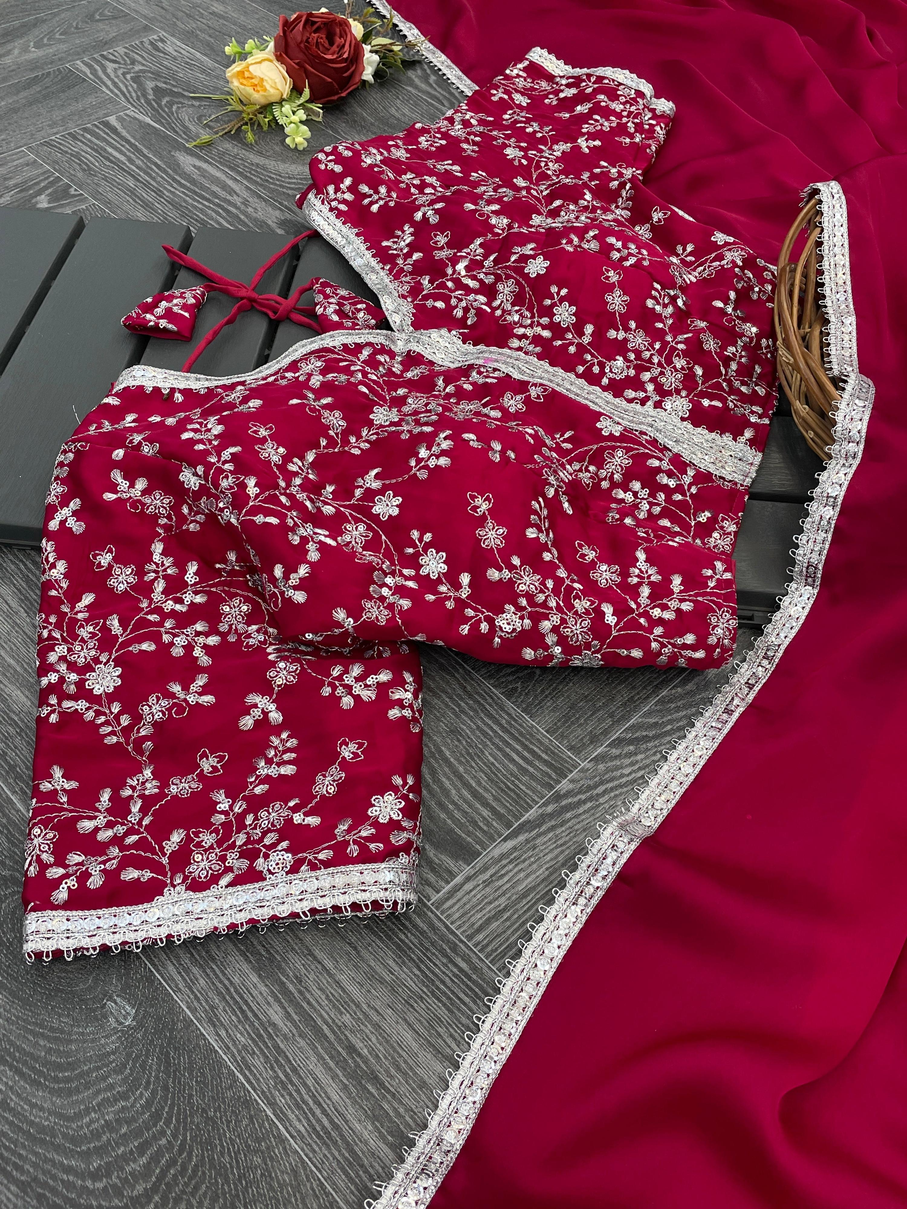Magenta Georgette Satin Saree with Stitched Embroidery Blouse