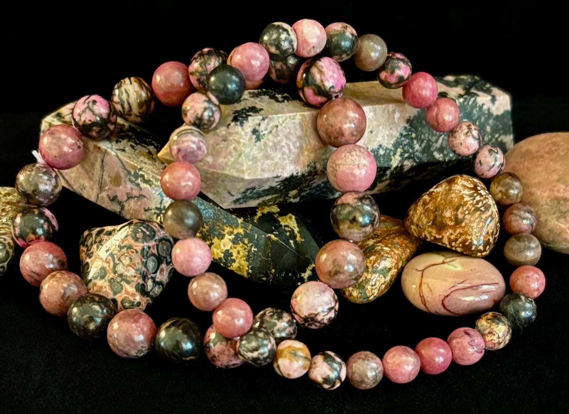 Natural Rhodonite Stone Bead Bracelet – Emotional Healing & Love Energy | 6mm & 8mm Beads