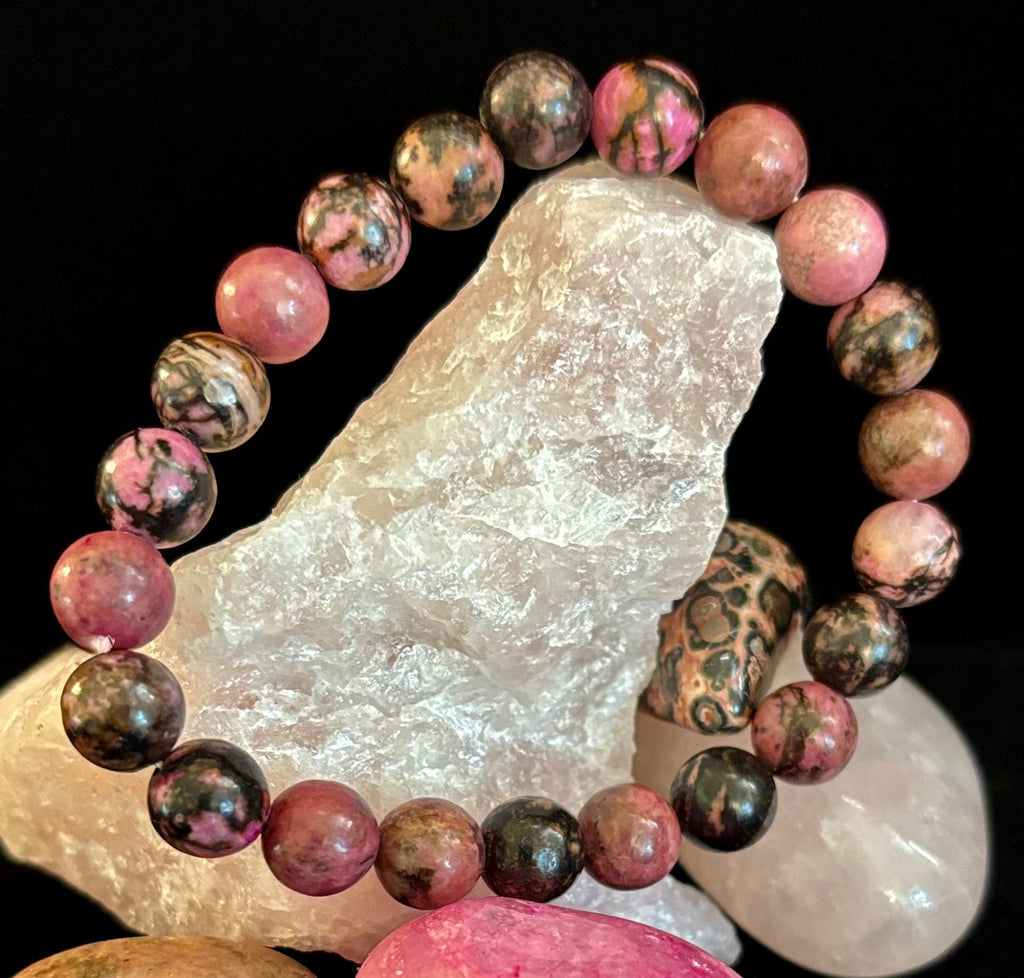 Natural Rhodonite Stone Bead Bracelet – Emotional Healing & Love Energy | 6mm & 8mm Beads