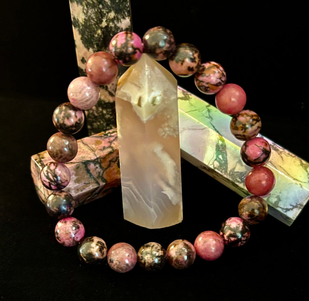 Natural Rhodonite Stone Bead Bracelet – Emotional Healing & Love Energy | 6mm & 8mm Beads