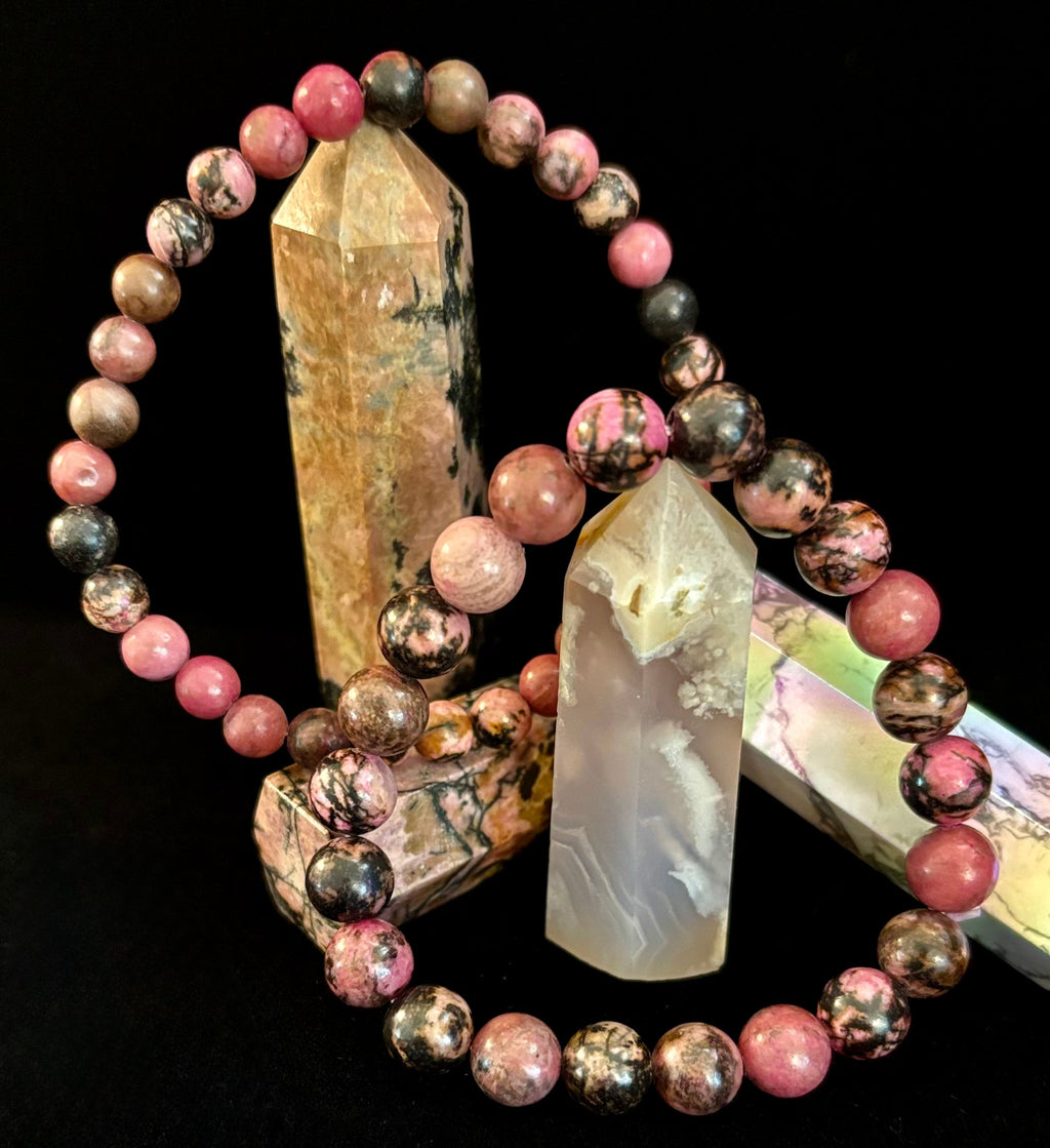 Natural Rhodonite Stone Bead Bracelet – Emotional Healing & Love Energy | 6mm & 8mm Beads